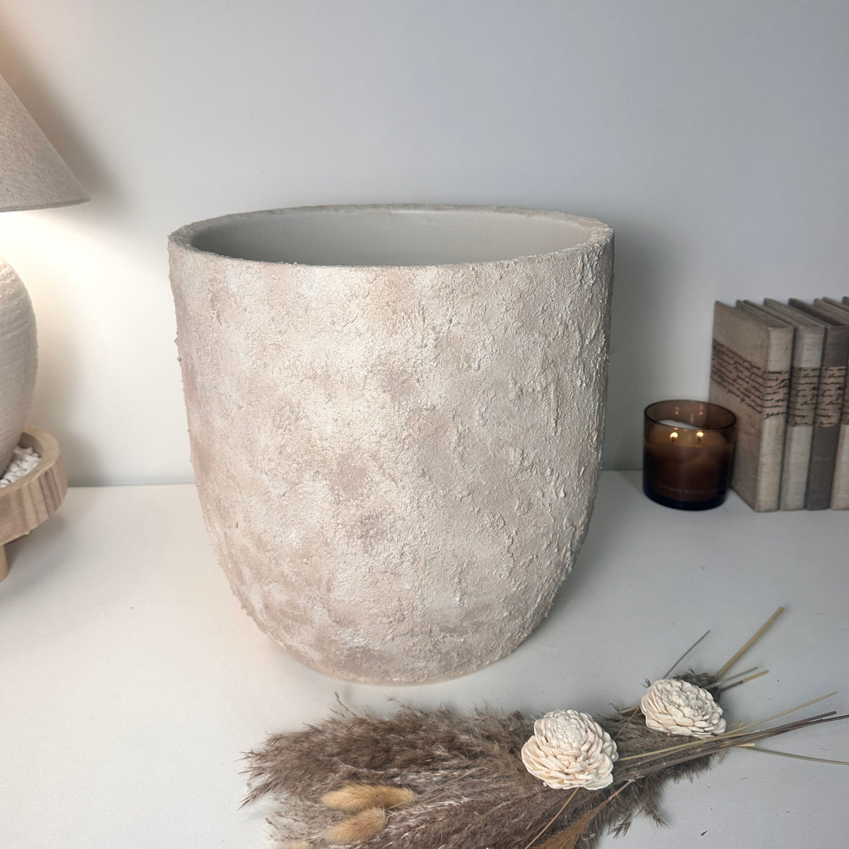 13.5" tall Minimalist Hand-Painted Planter Pot with Drainage Hole - Cream Ash