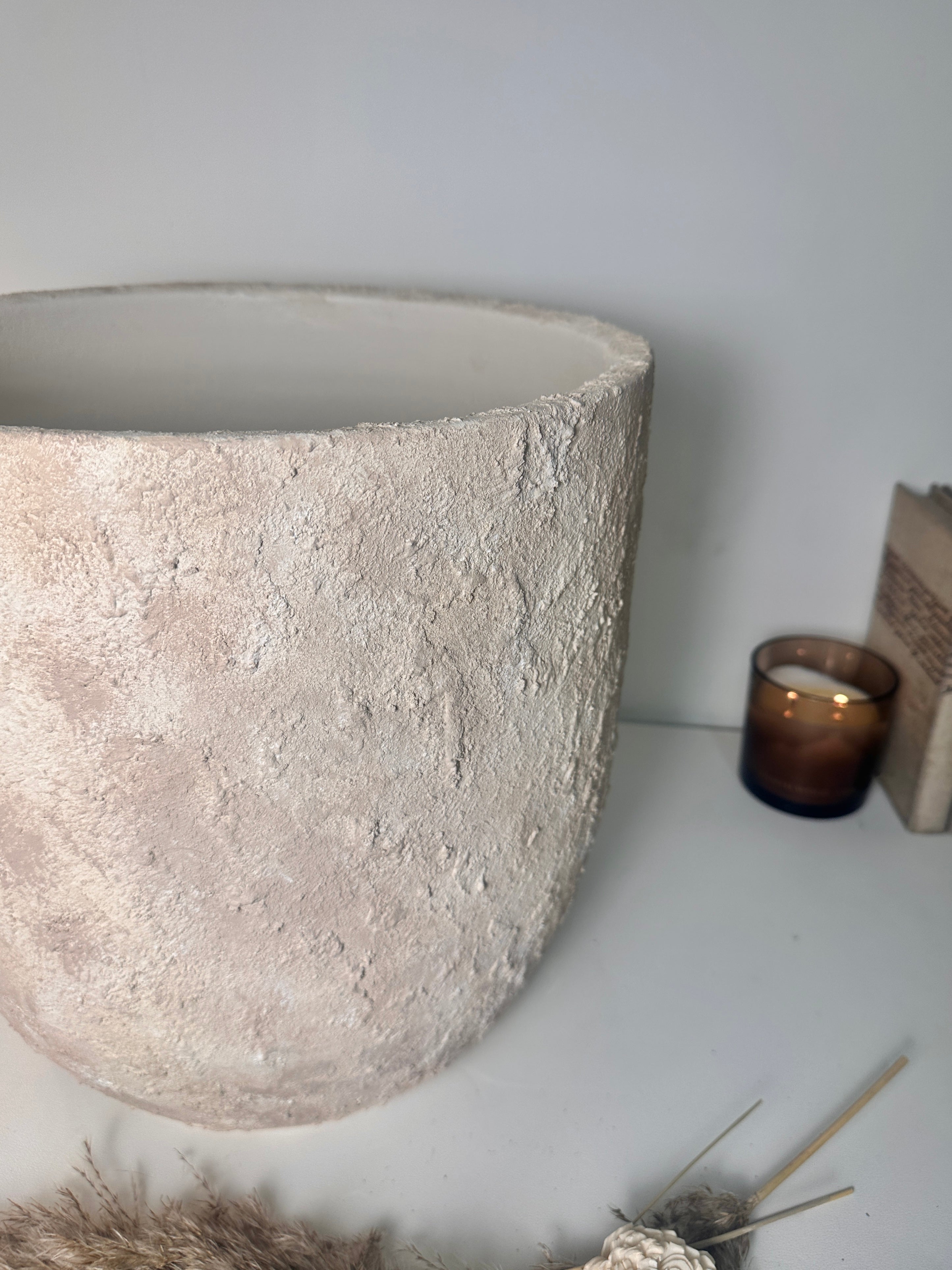 13.5" tall Minimalist Hand-Painted Planter Pot with Drainage Hole - Cream Ash