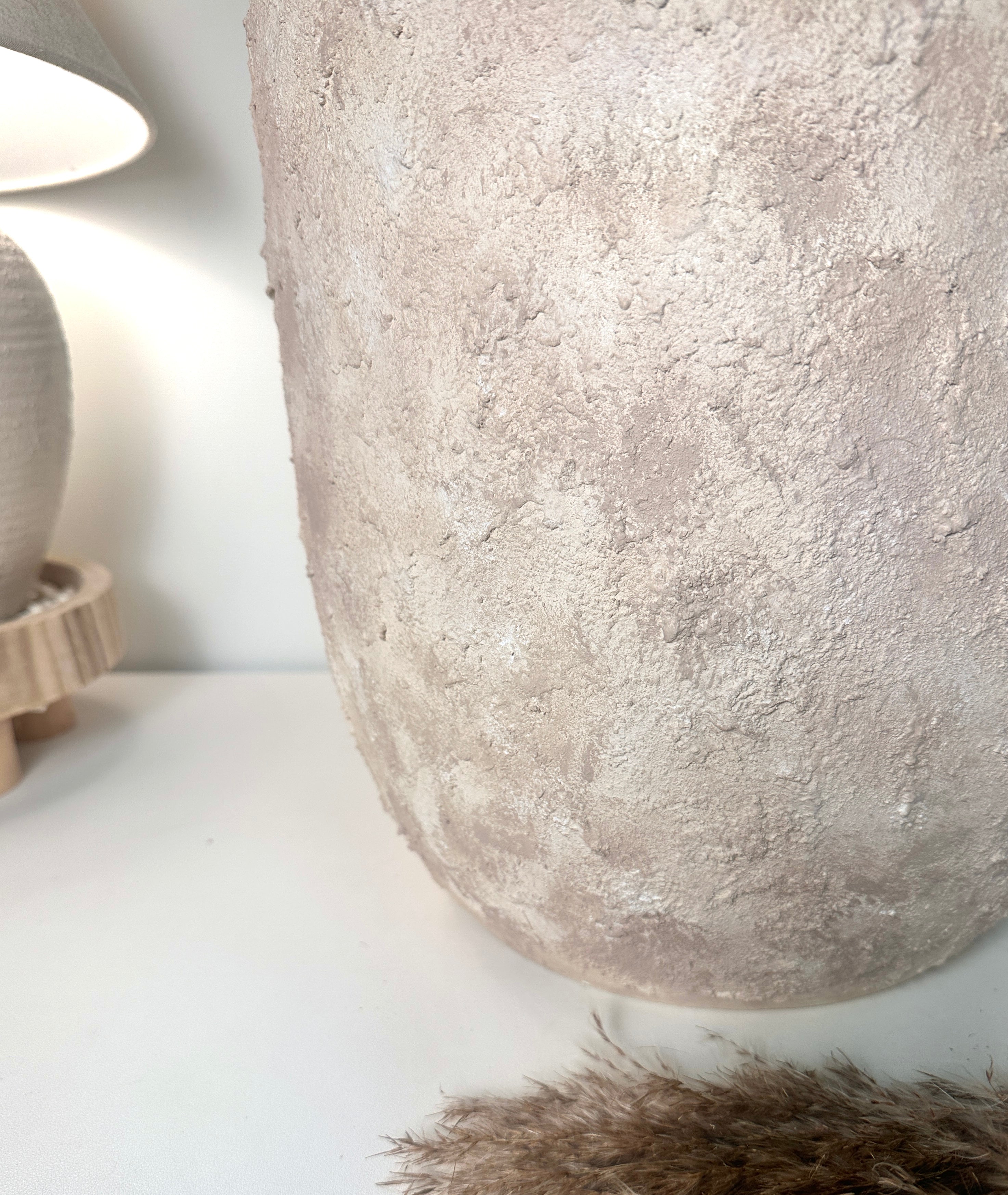 13.5" tall Minimalist Hand-Painted Planter Pot with Drainage Hole - Cream Ash