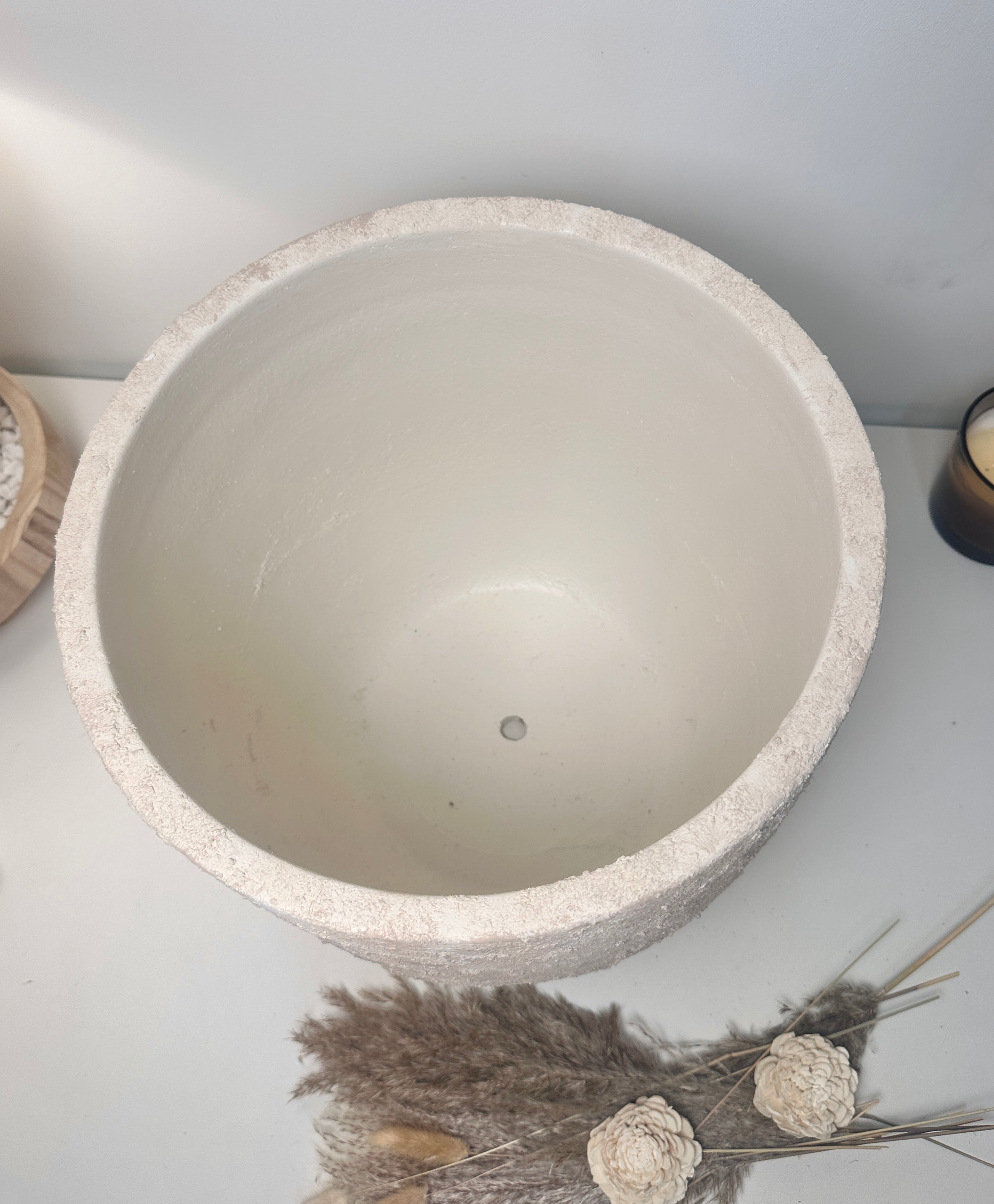 13.5" tall Minimalist Hand-Painted Planter Pot with Drainage Hole - Cream Ash