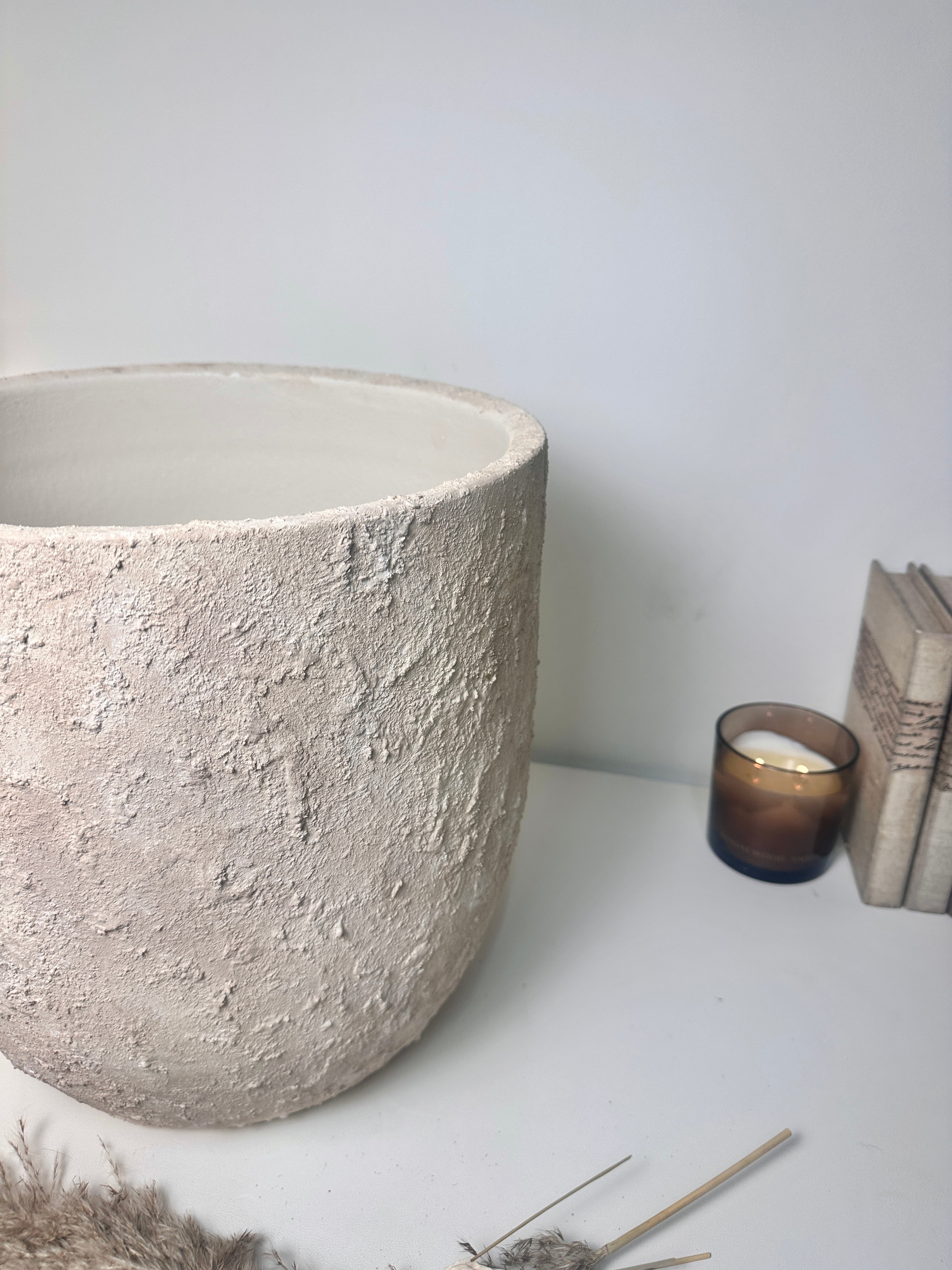 13.5" tall Minimalist Hand-Painted Planter Pot with Drainage Hole - Cream Ash