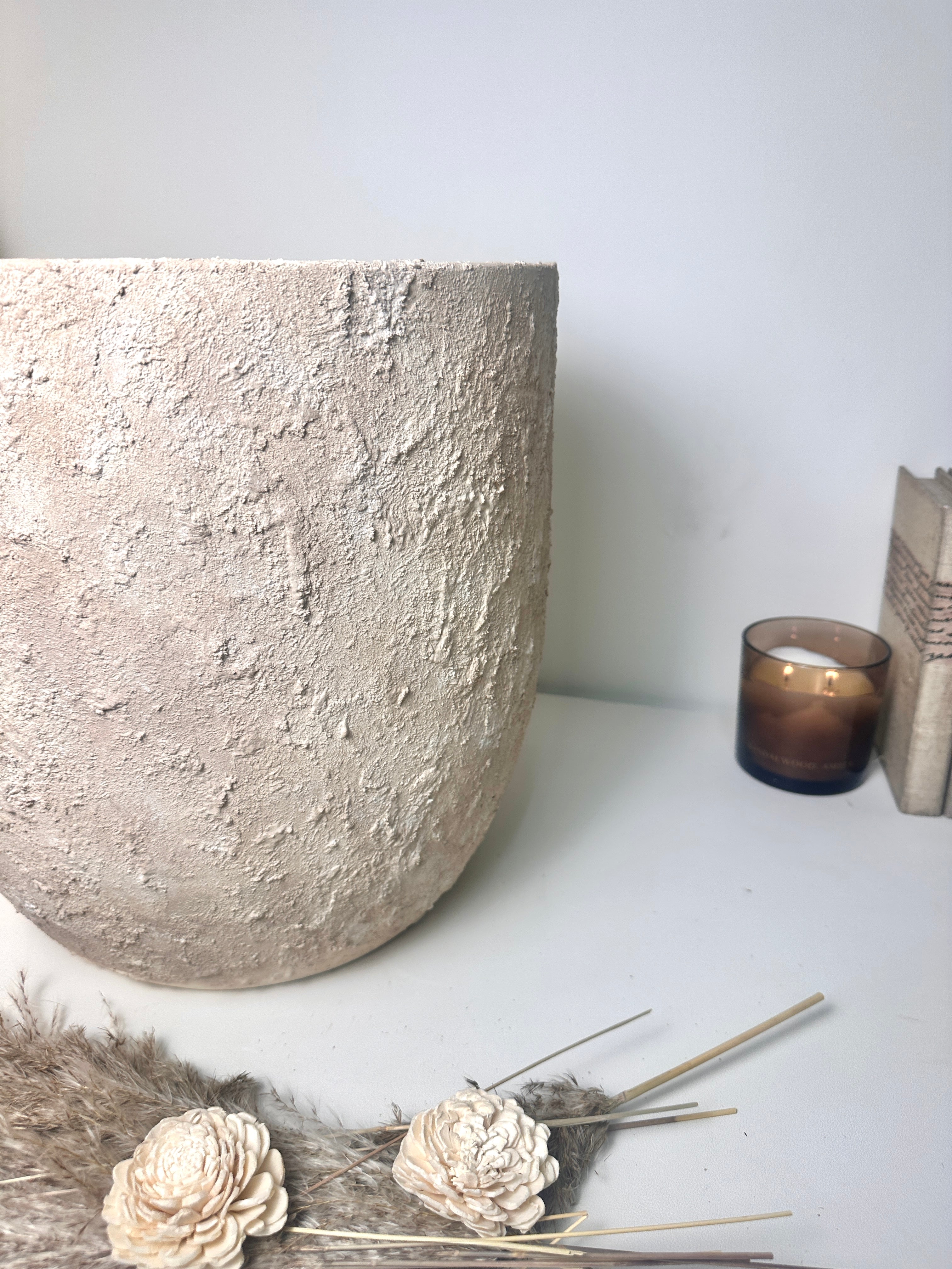 13.5" tall Minimalist Hand-Painted Planter Pot with Drainage Hole - Cream Ash
