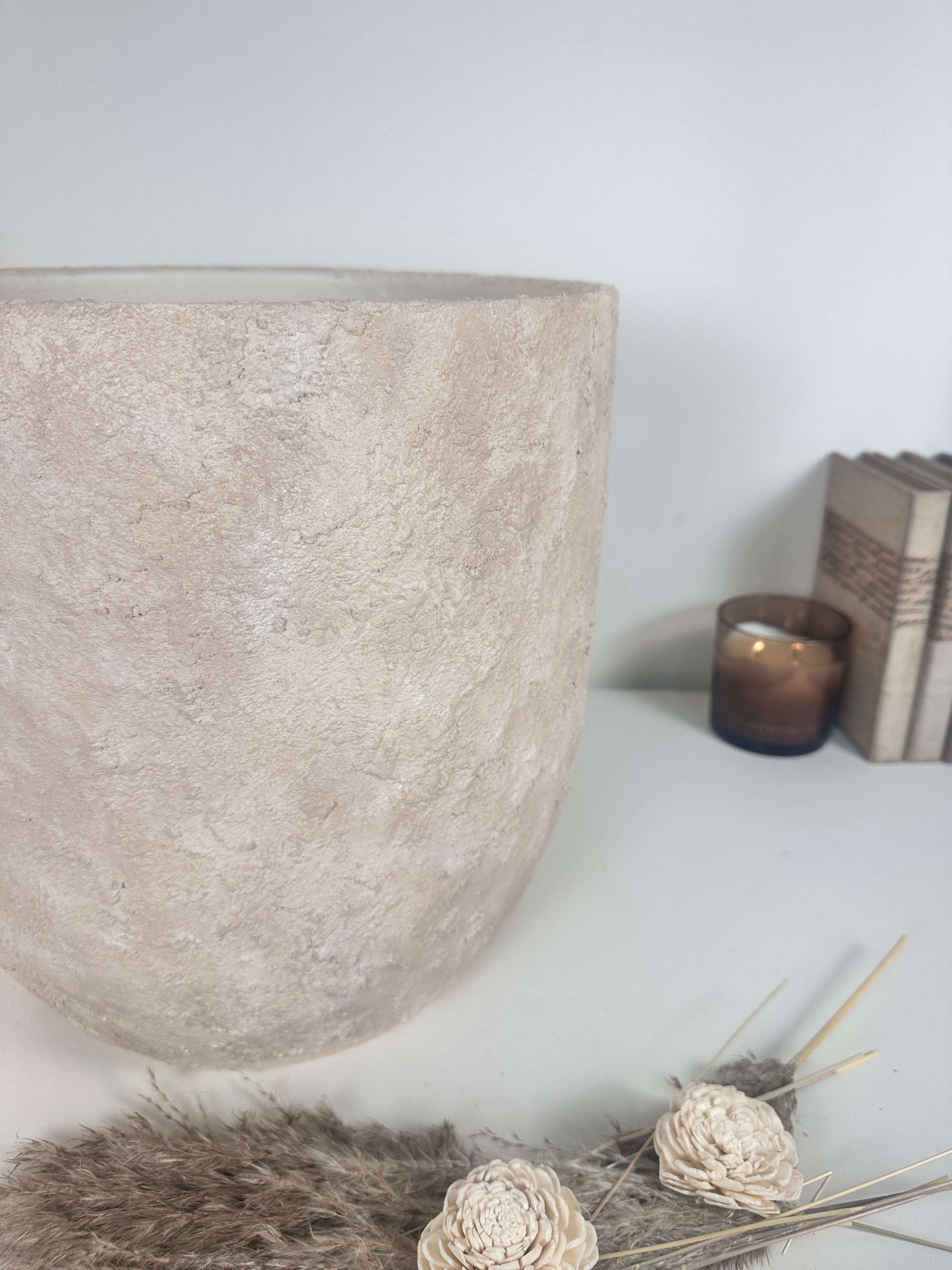 13.5" tall Minimalist Hand-Painted Planter Pot with Drainage Hole - Cream Ash