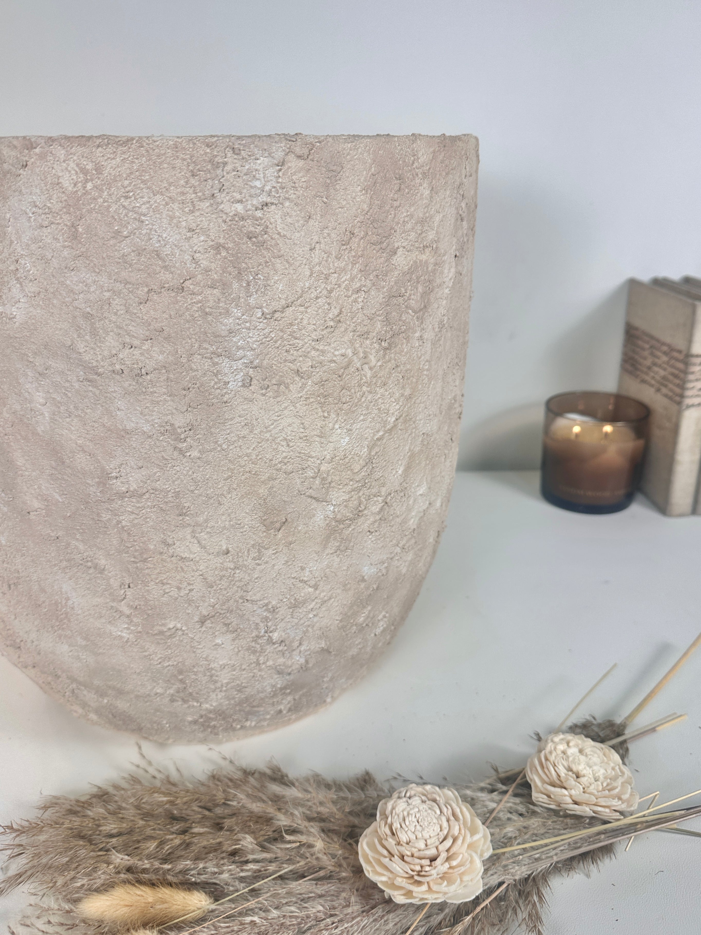 13.5" tall Minimalist Hand-Painted Planter Pot with Drainage Hole - Cream Ash