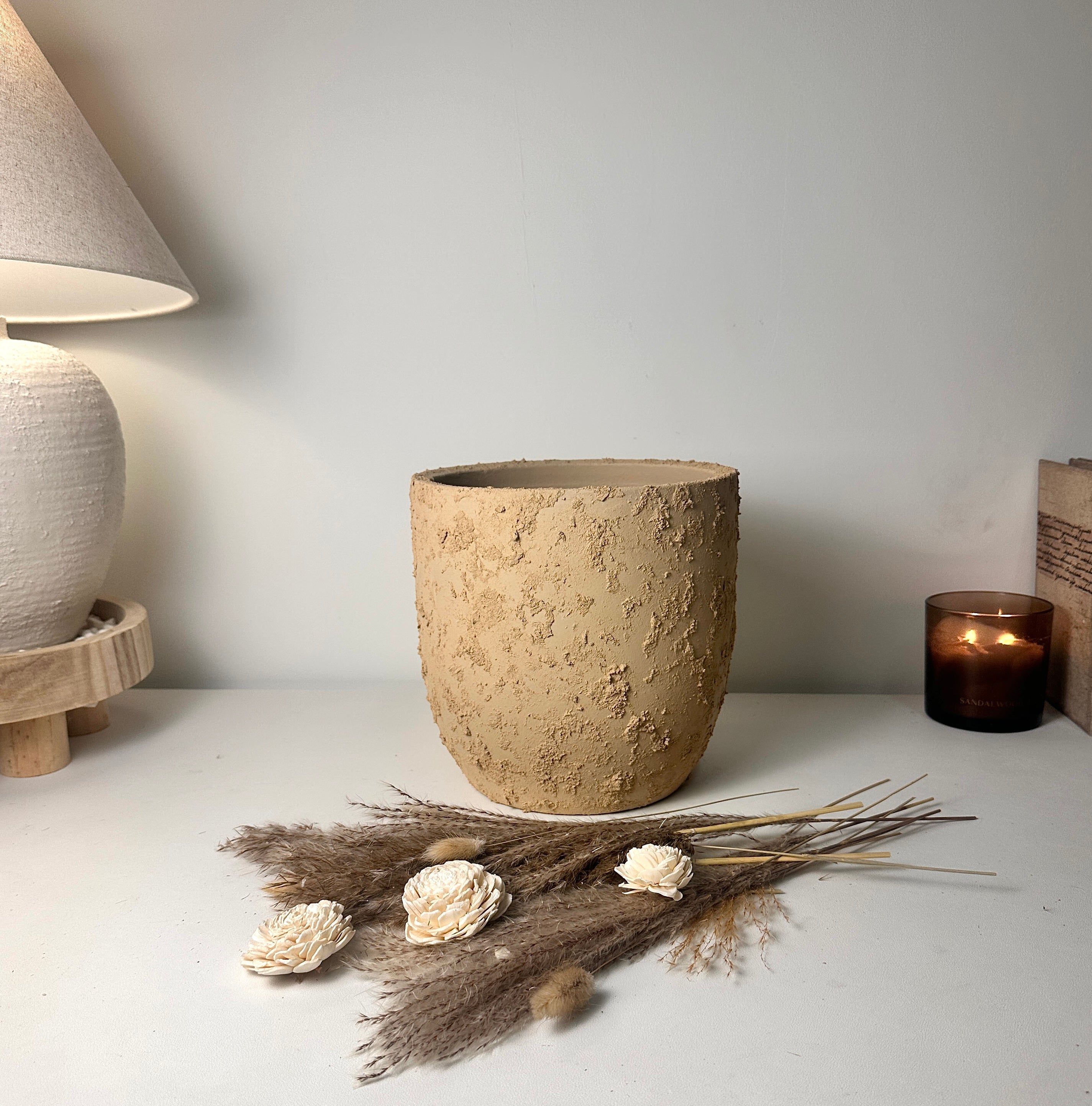 9" tall Minimalist Hand-Painted & Textured Planter Pot with Drainage Hole -Tan