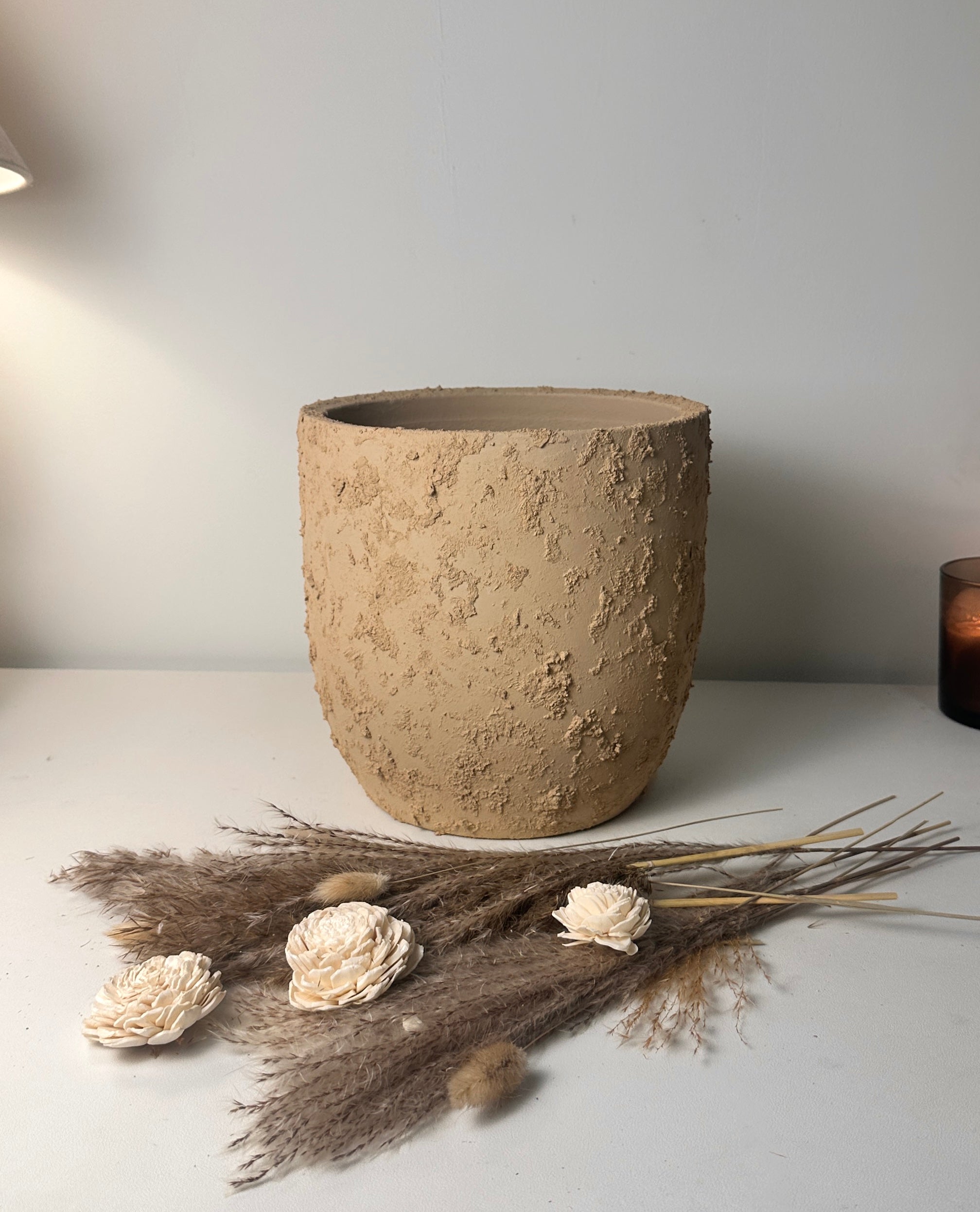 9" tall Minimalist Hand-Painted & Textured Planter Pot with Drainage Hole -Tan