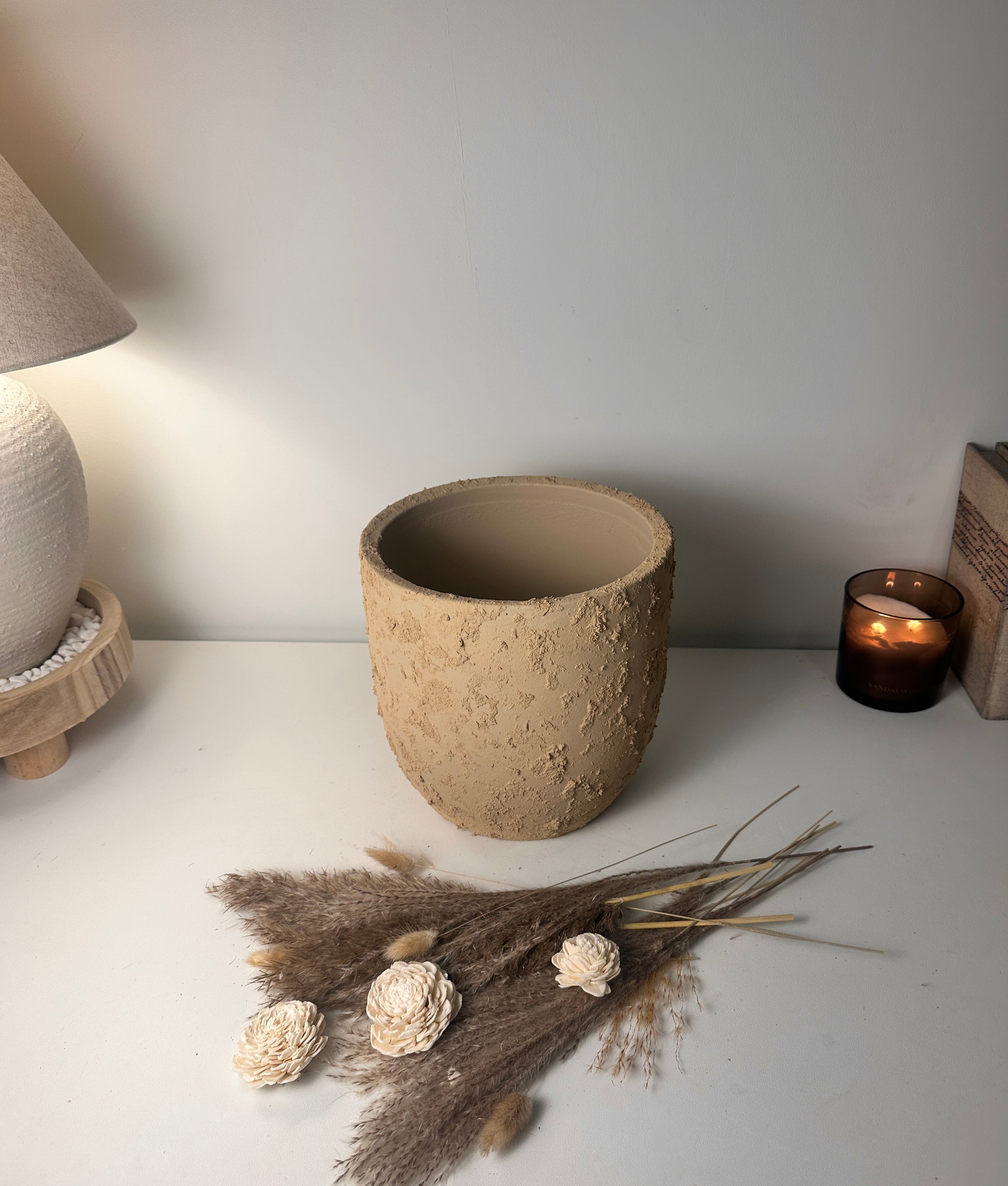 9" tall Minimalist Hand-Painted & Textured Planter Pot with Drainage Hole -Tan