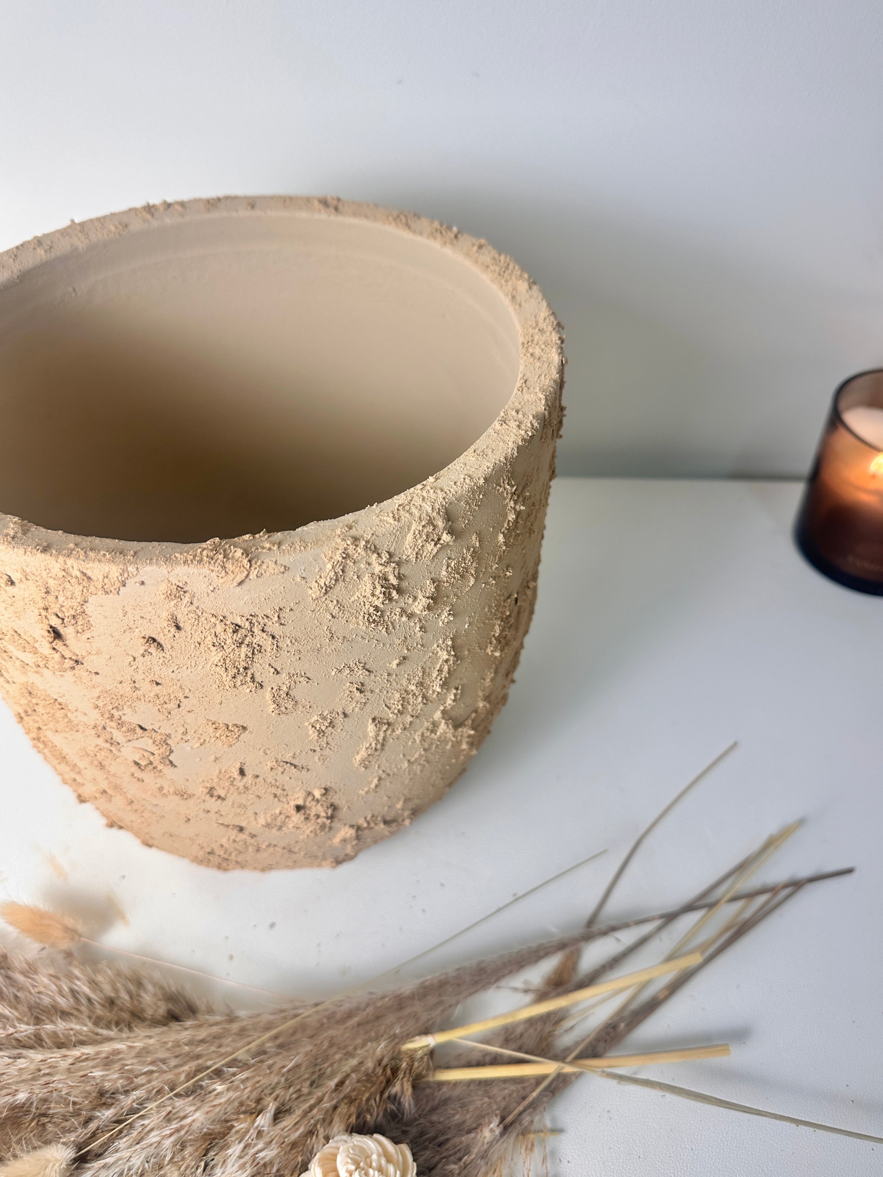 9" tall Minimalist Hand-Painted & Textured Planter Pot with Drainage Hole -Tan