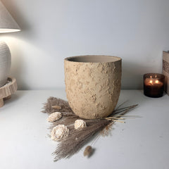 9" tall Minimalist Hand-Painted & Textured Planter Pot with Drainage Hole -Tan