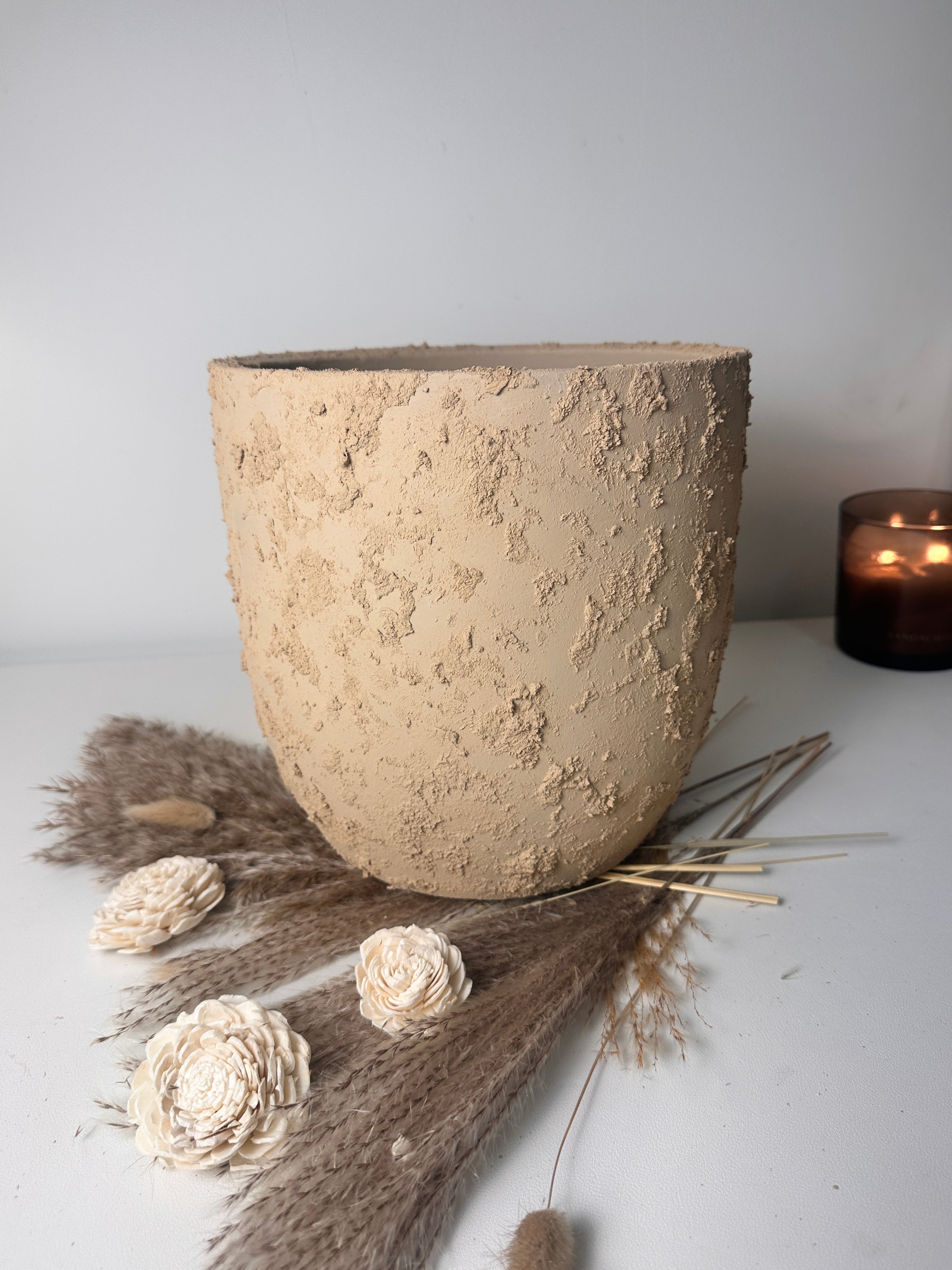 9" tall Minimalist Hand-Painted & Textured Planter Pot with Drainage Hole -Tan