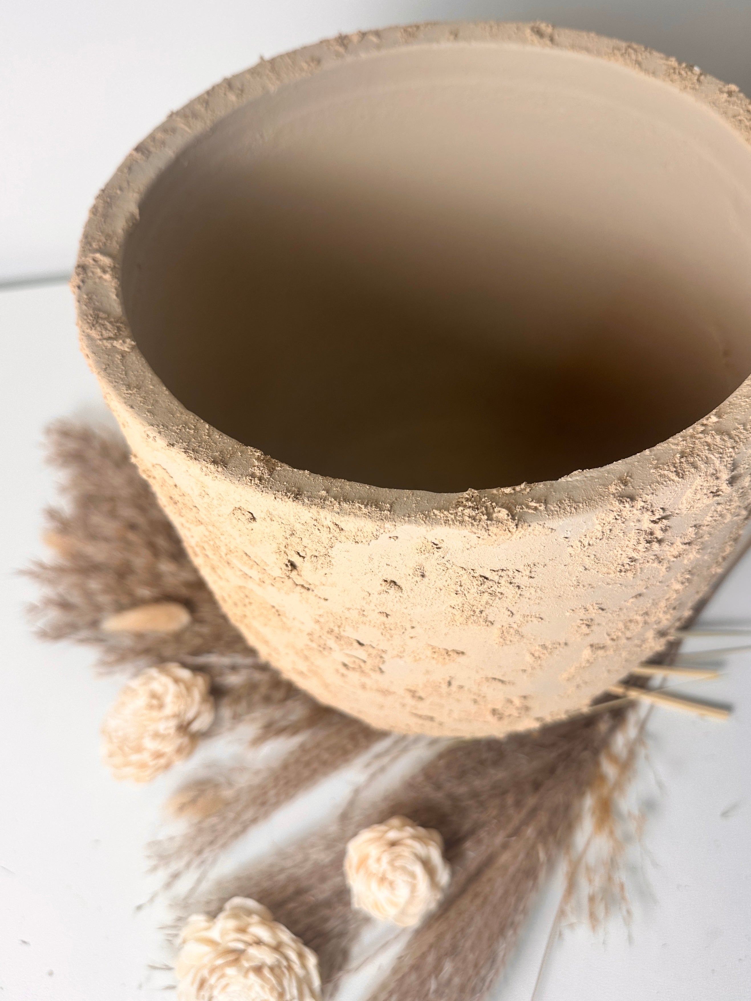 9" tall Minimalist Hand-Painted & Textured Planter Pot with Drainage Hole -Tan