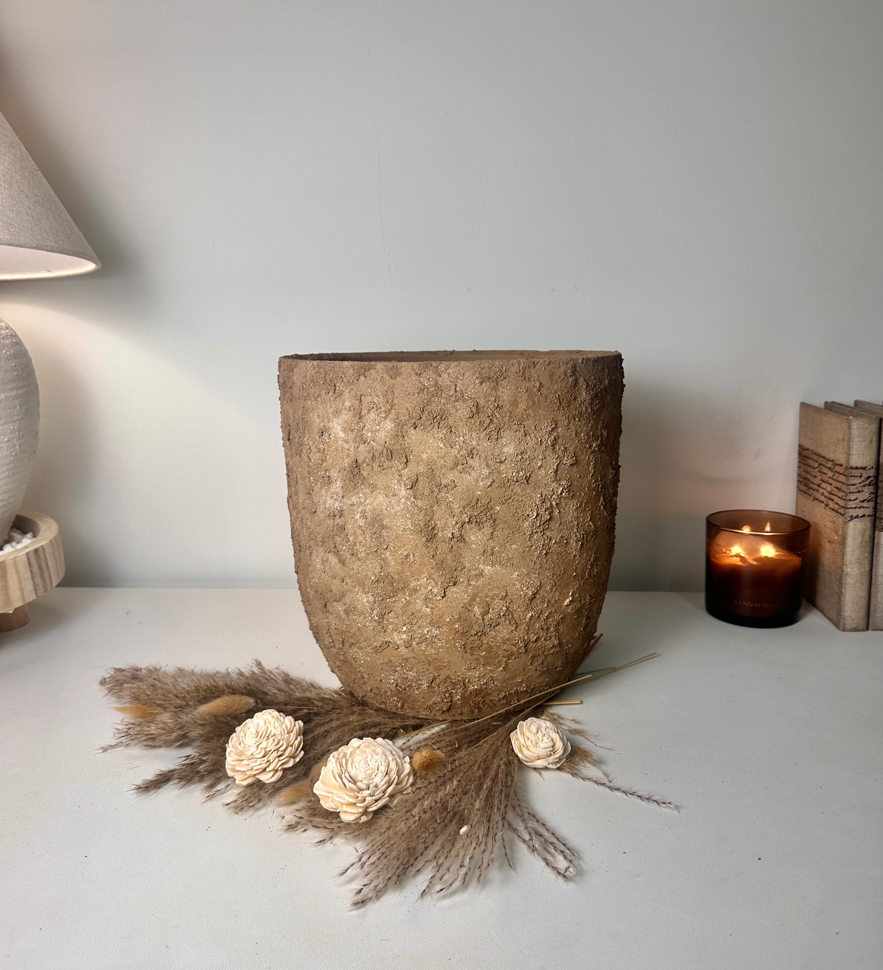 11" tall Minimalist Hand-Painted & Textured Planter Pot with Drainage Hole - Earth Brown