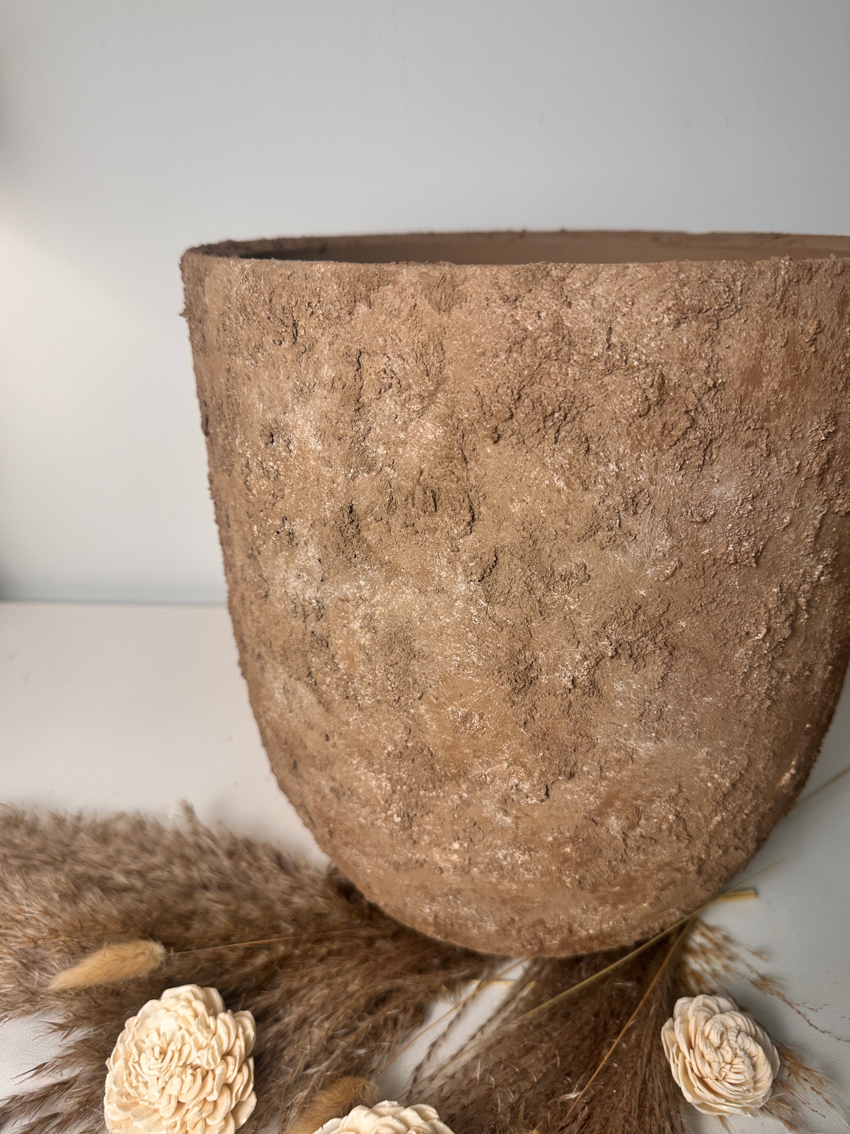 11" tall Minimalist Hand-Painted & Textured Planter Pot with Drainage Hole - Earth Brown
