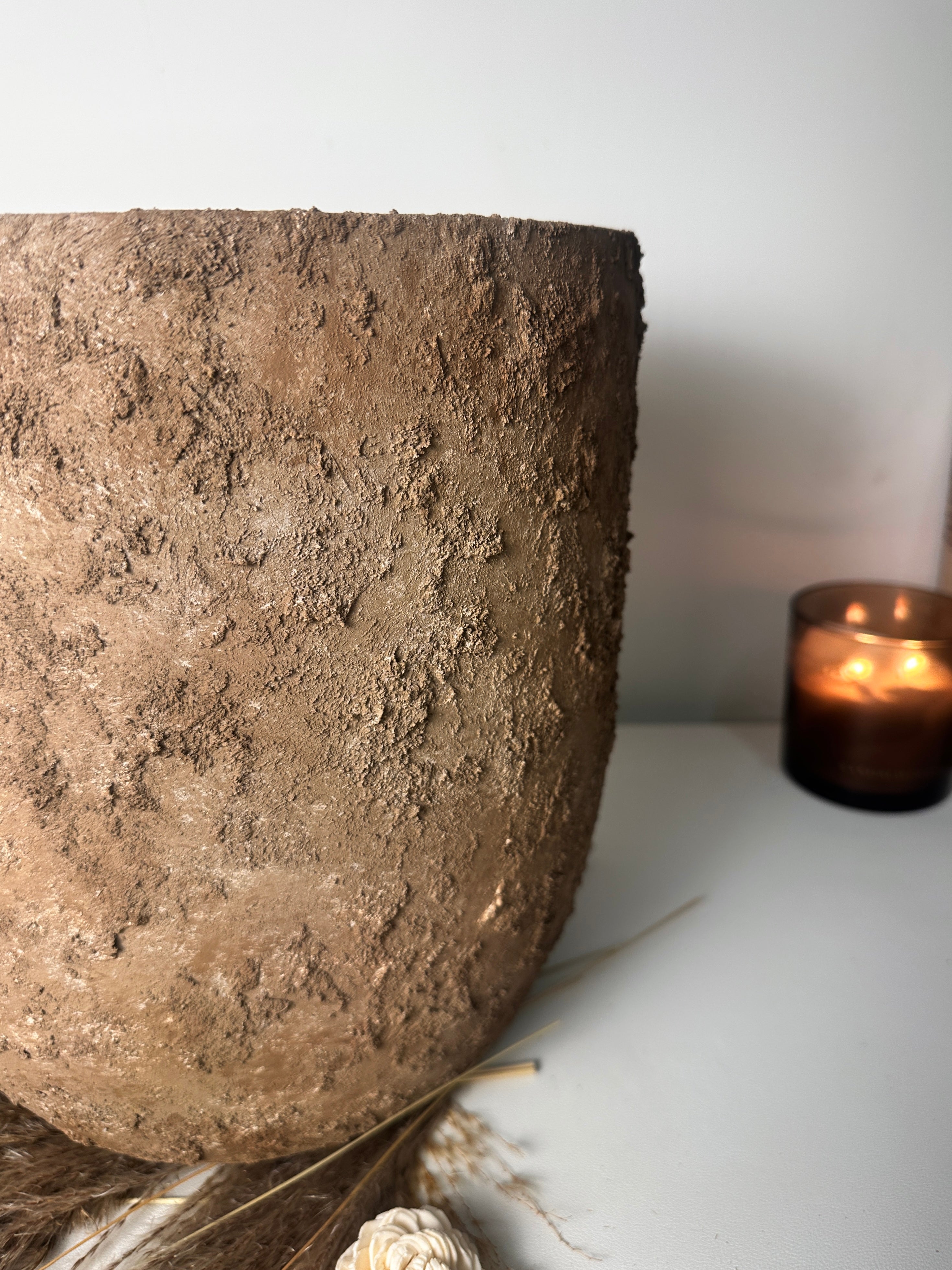 11" tall Minimalist Hand-Painted & Textured Planter Pot with Drainage Hole - Earth Brown