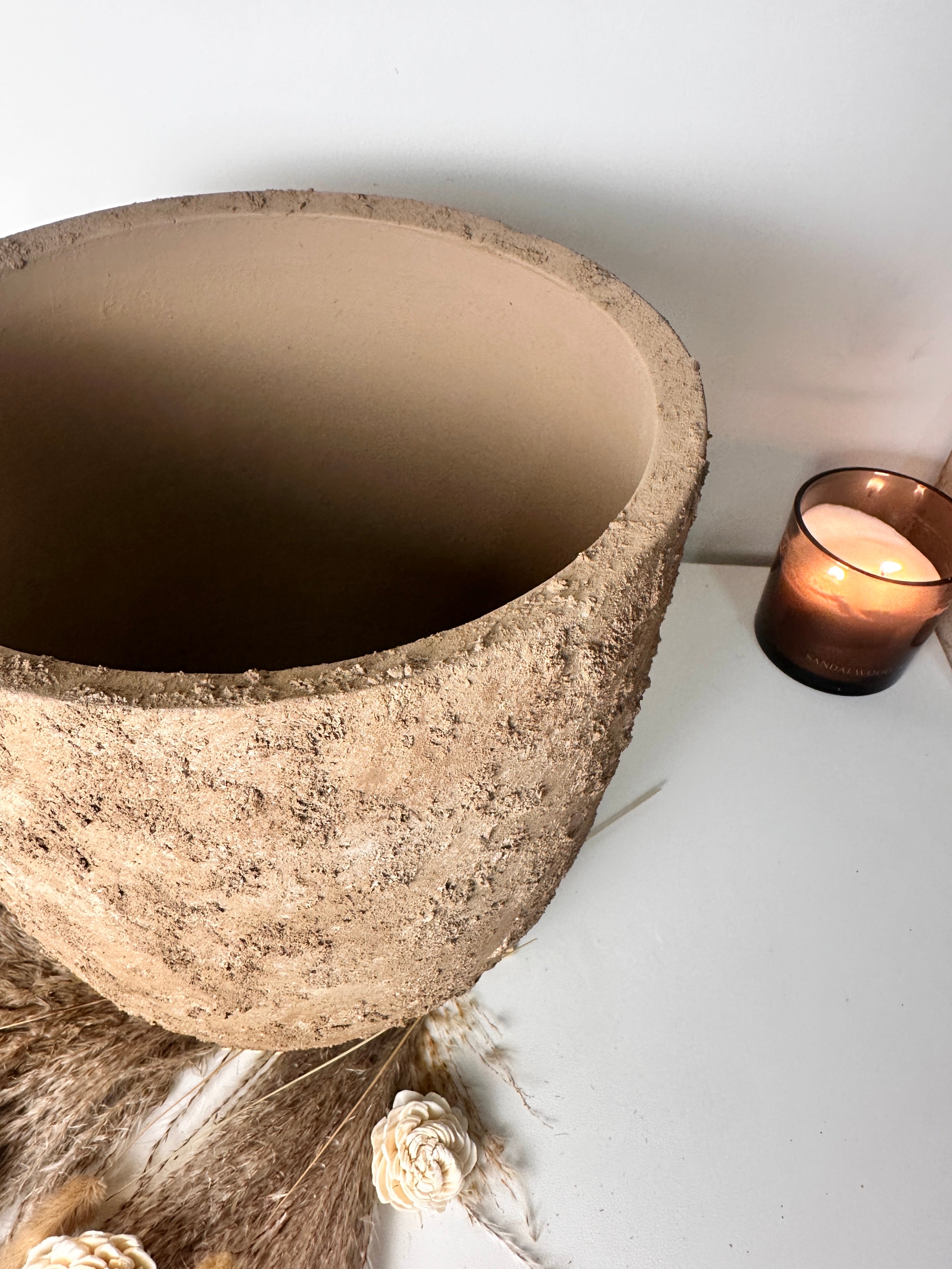 11" tall Minimalist Hand-Painted & Textured Planter Pot with Drainage Hole - Earth Brown