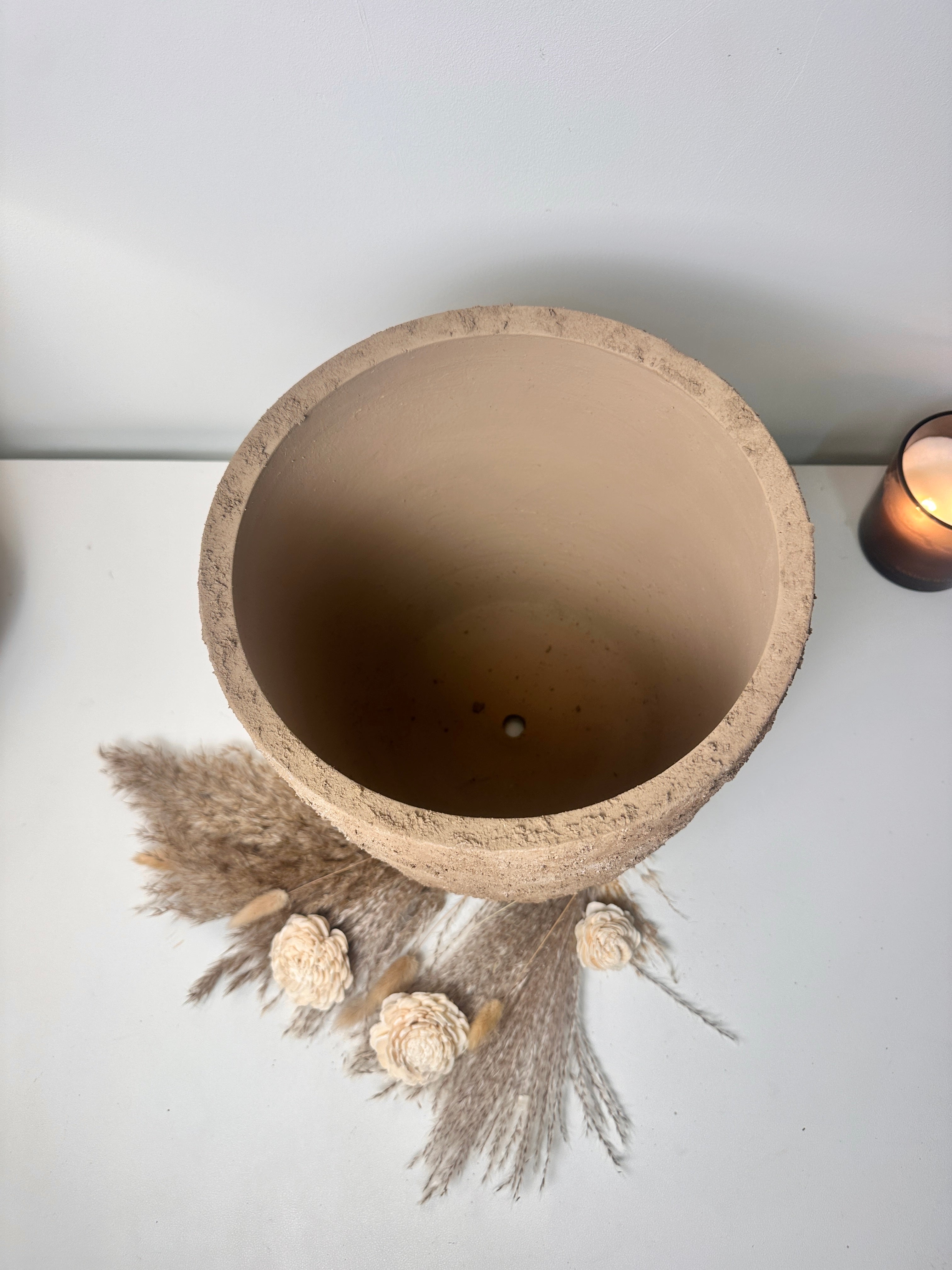 11" tall Minimalist Hand-Painted & Textured Planter Pot with Drainage Hole - Earth Brown
