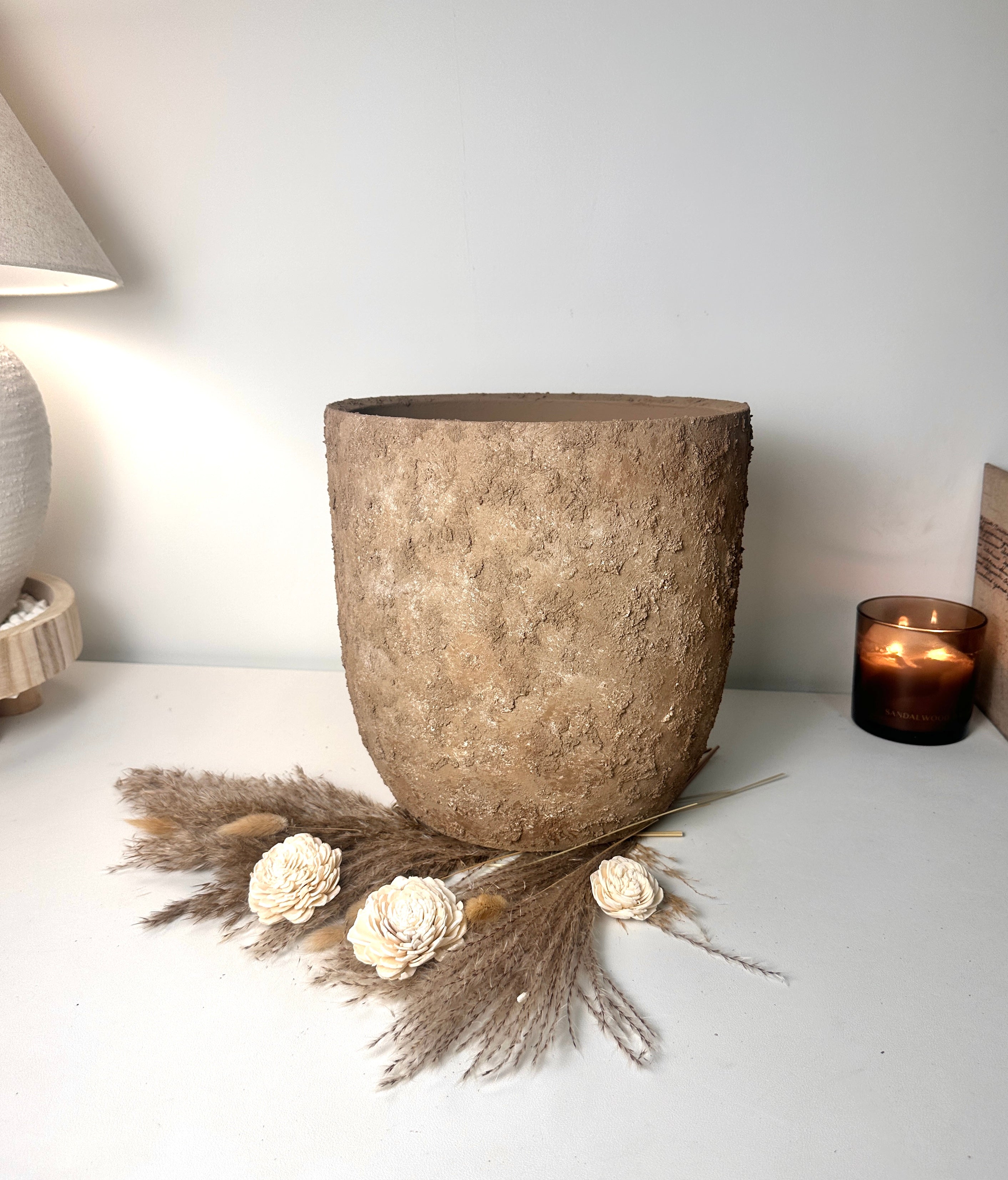 11" tall Minimalist Hand-Painted & Textured Planter Pot with Drainage Hole - Earth Brown