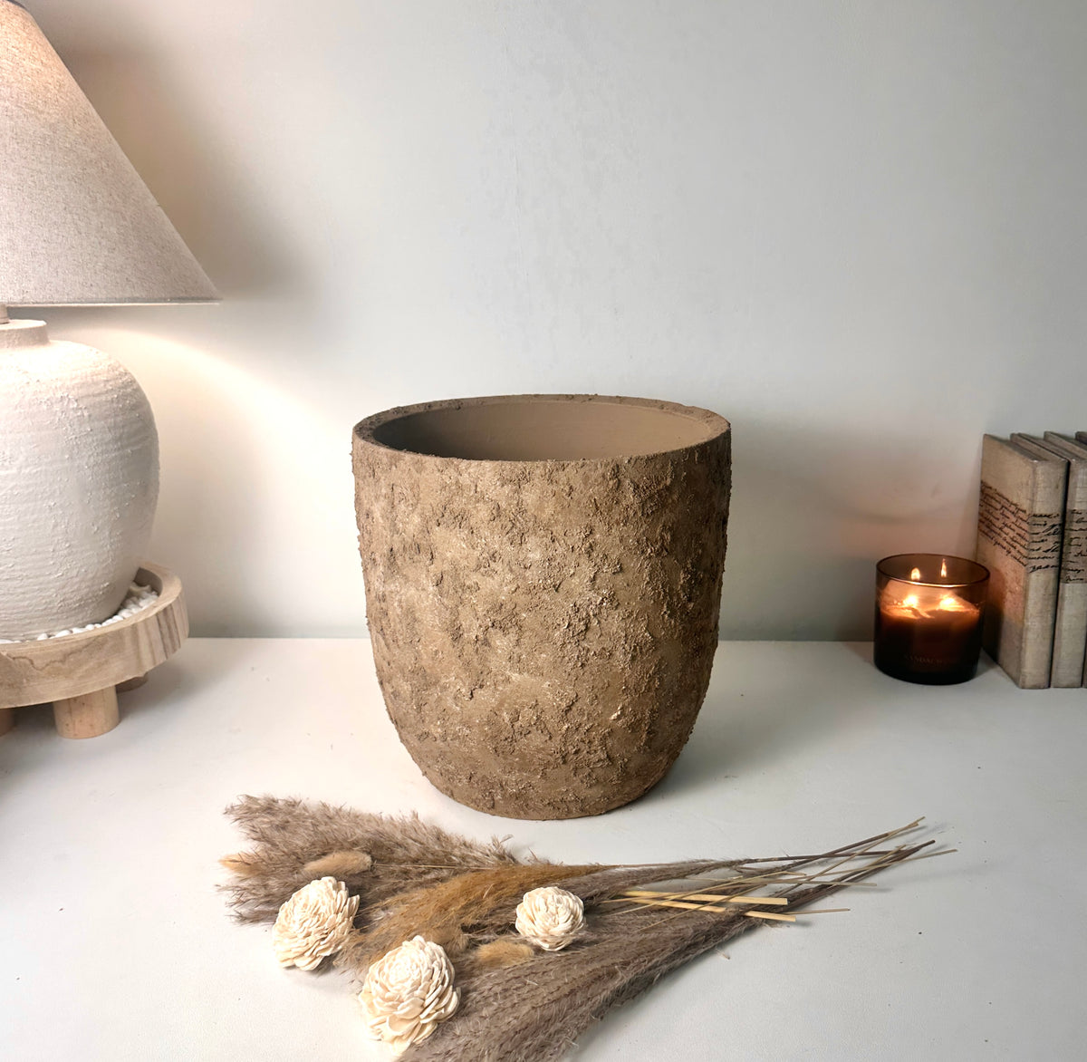 9" tall Minimalist Hand-Painted & Textured Planter Pot with Drainage Hole - Earth Brown