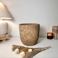 11" tall Minimalist Hand-Painted & Textured Planter Pot with Drainage Hole - Earth Brown