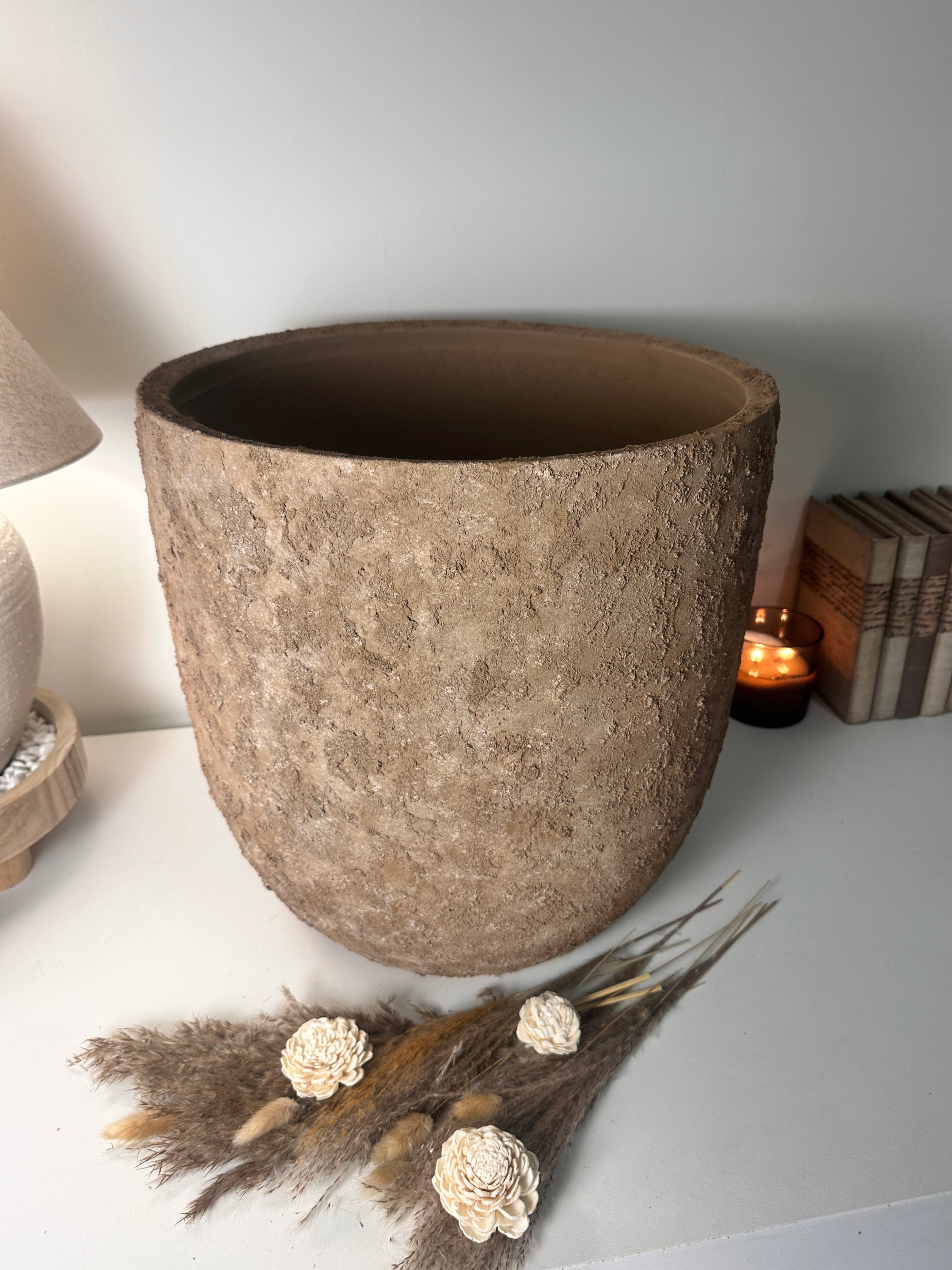 16.5 tall Rustic Hand-Painted & Textured Planter Pot with Drainage Hole - Earth Brown