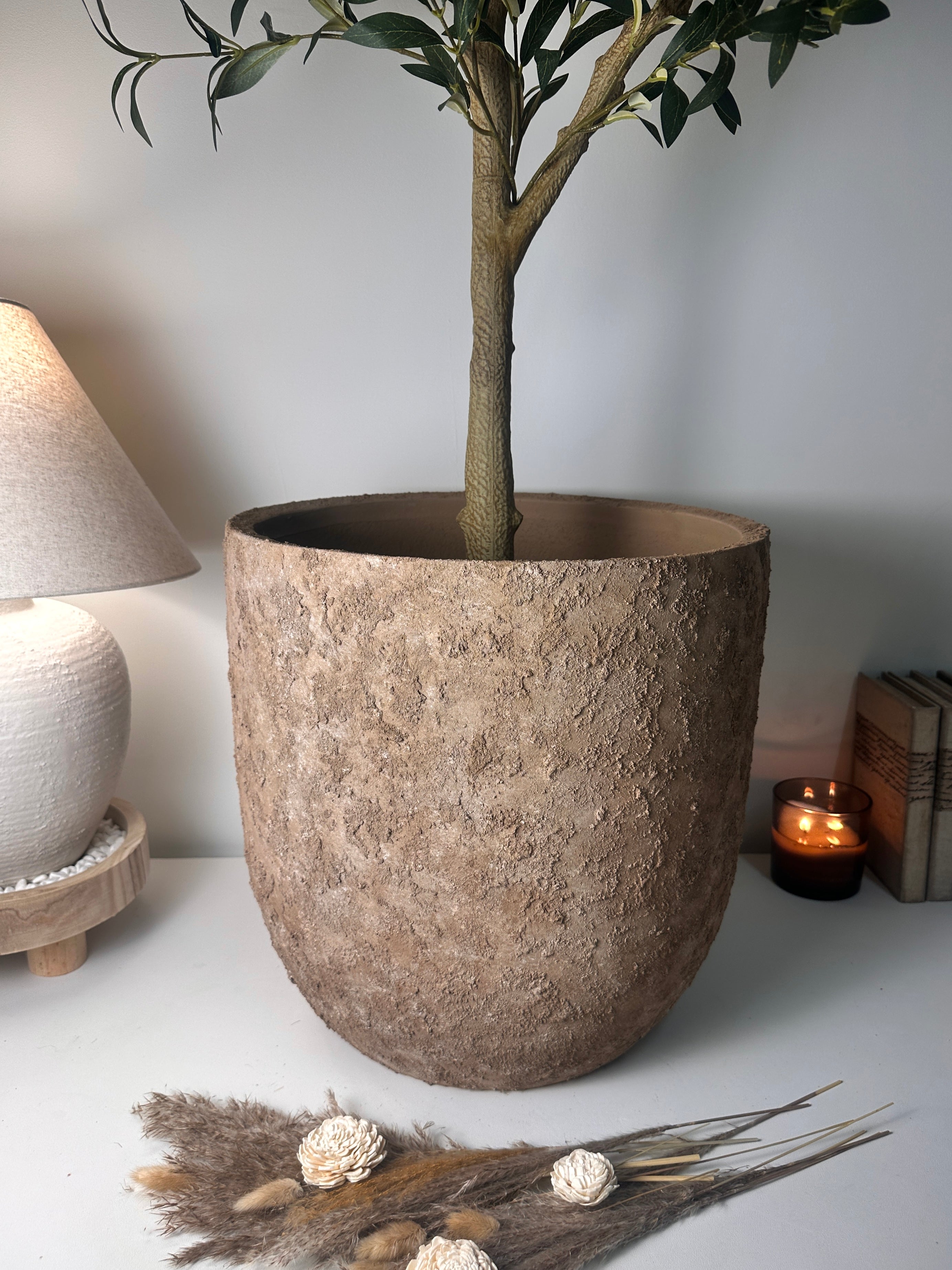 16.5 tall Rustic Hand-Painted & Textured Planter Pot with Drainage Hole - Earth Brown