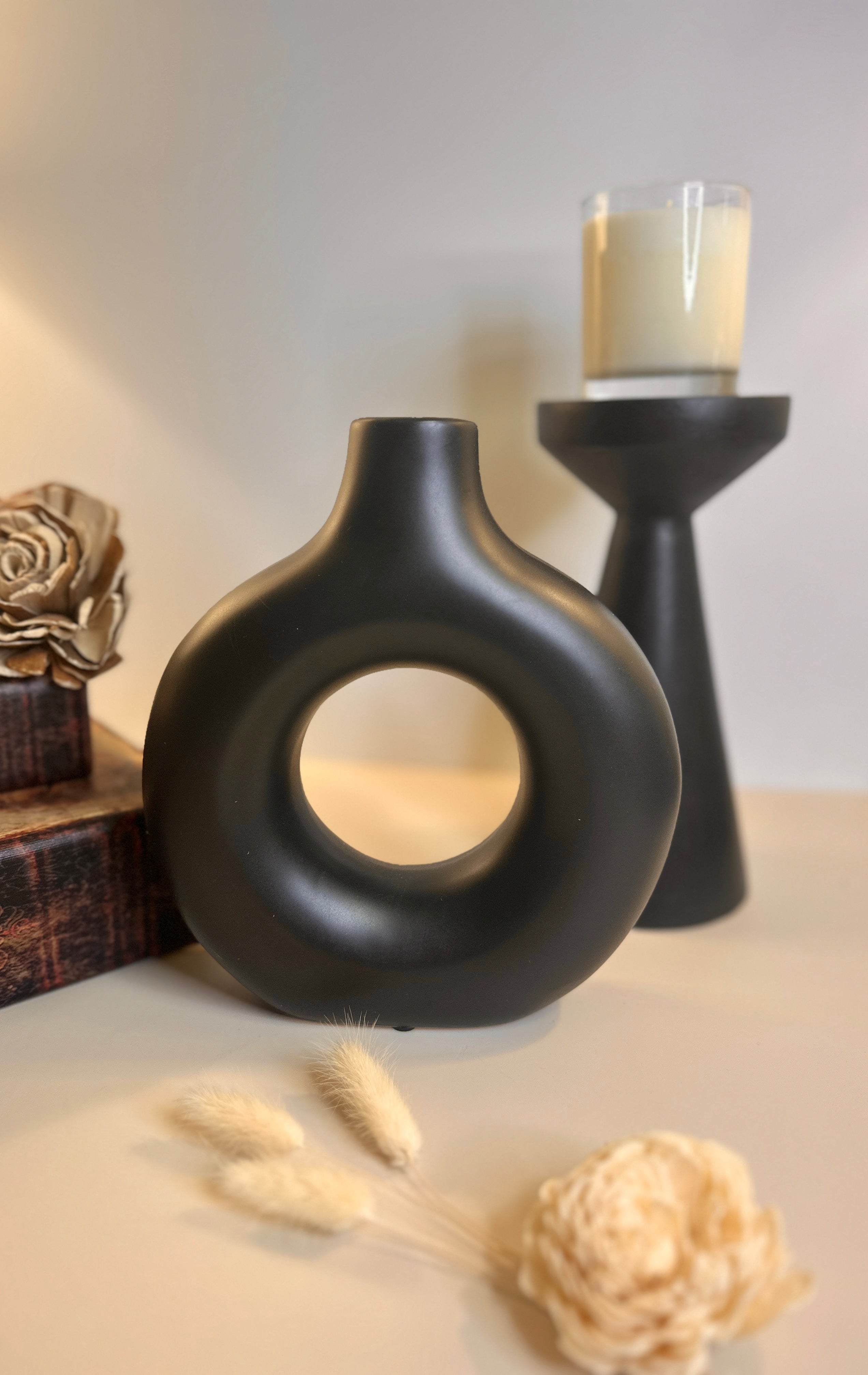 Traditional Chinese Ceramic Vase, Black Matte Donut Shape Minimalist Design 9" tall