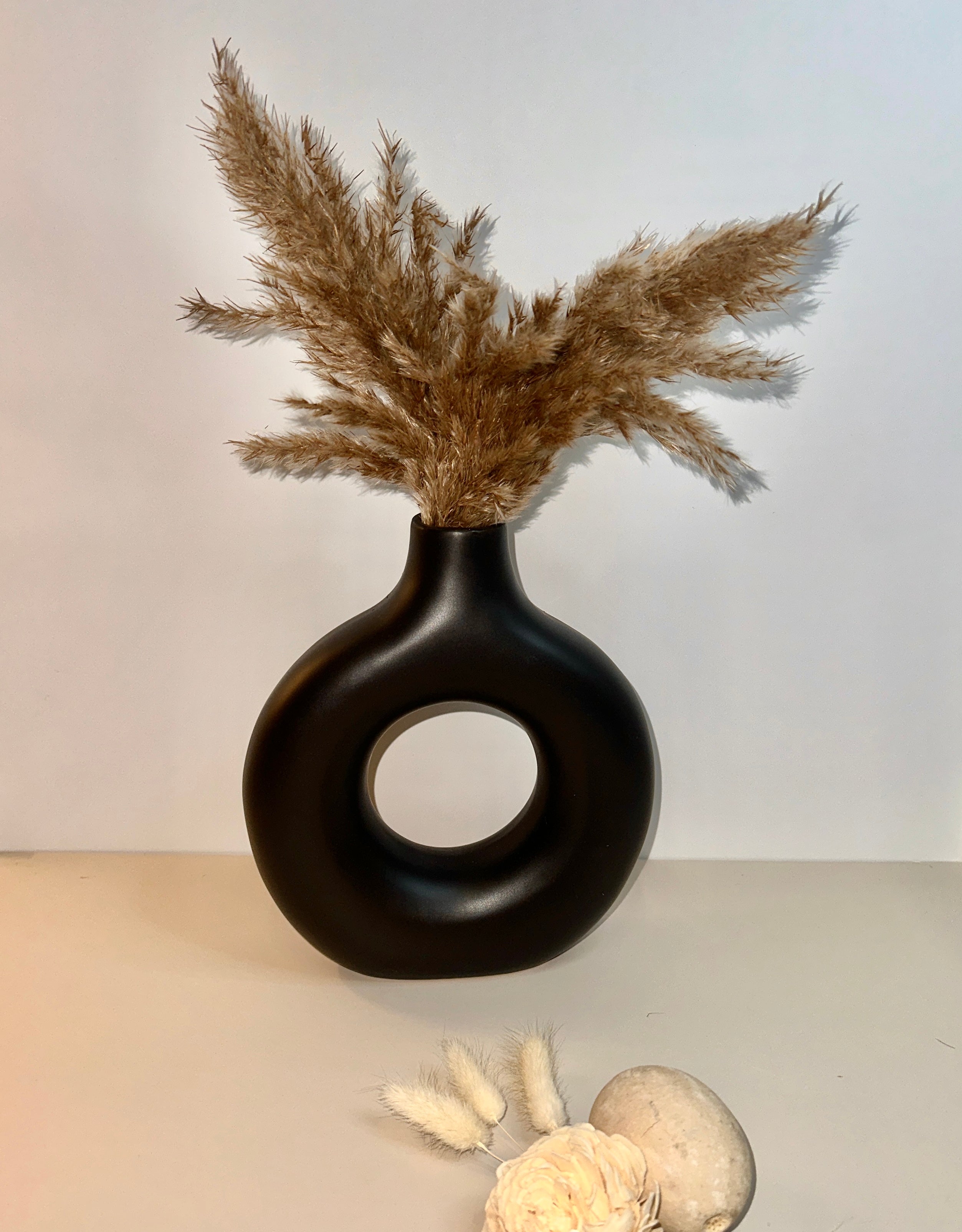 Traditional Chinese Ceramic Vase, Black Matte Donut Shape Minimalist Design 9" tall
