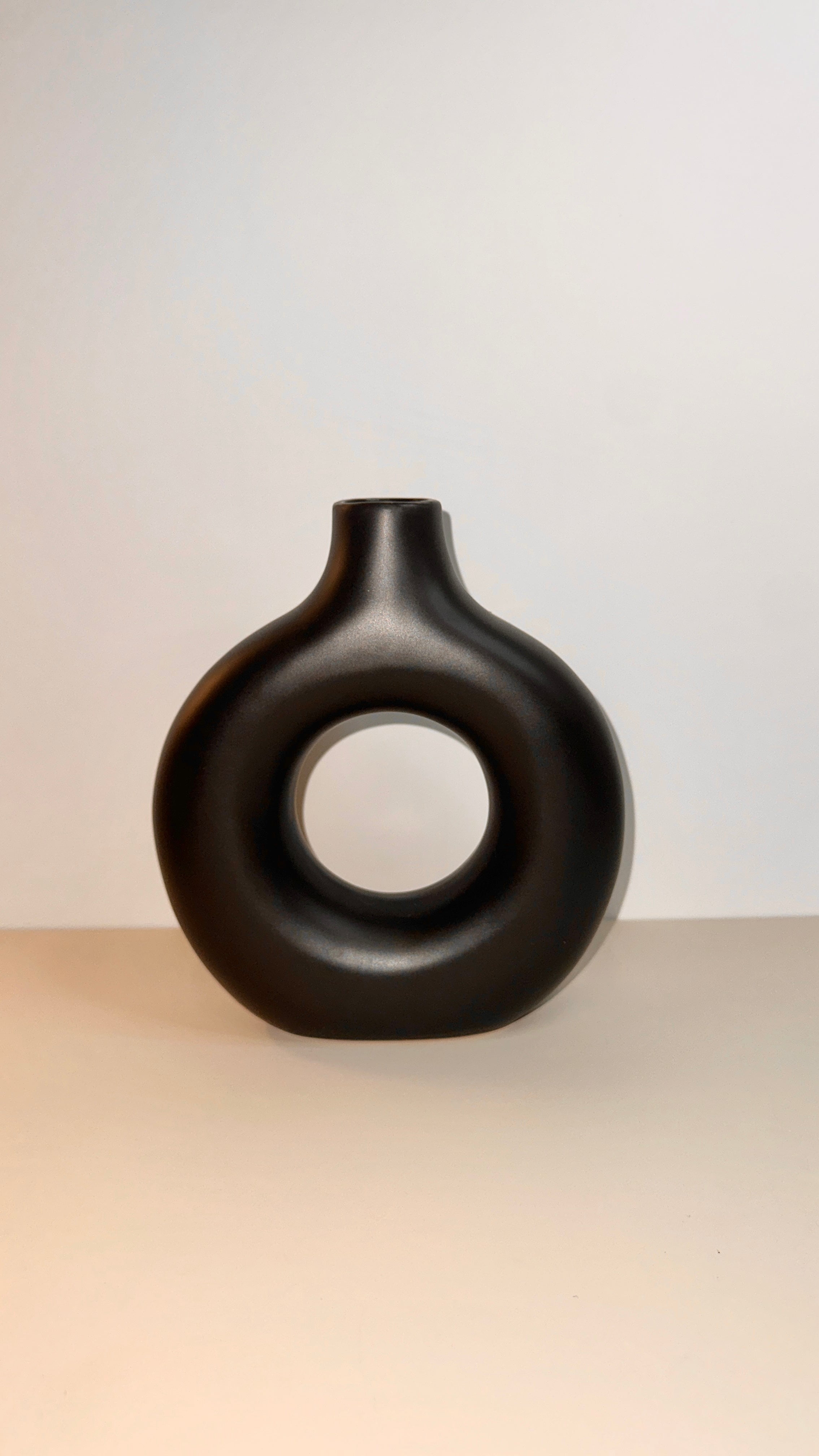 Traditional Chinese Ceramic Vase, Black Matte Donut Shape Minimalist Design 9" tall