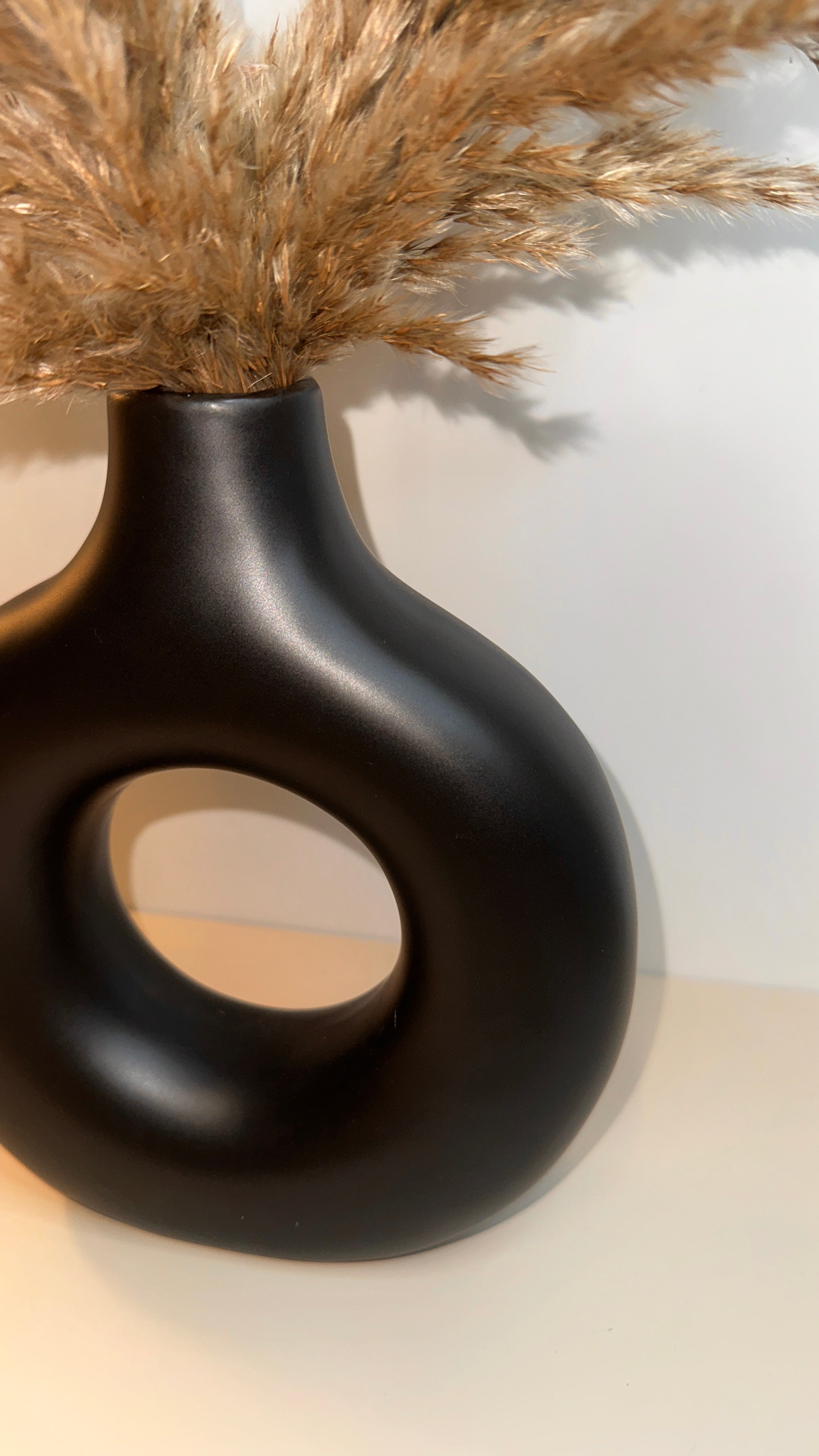 Traditional Chinese Ceramic Vase, Black Matte Donut Shape Minimalist Design 9" tall