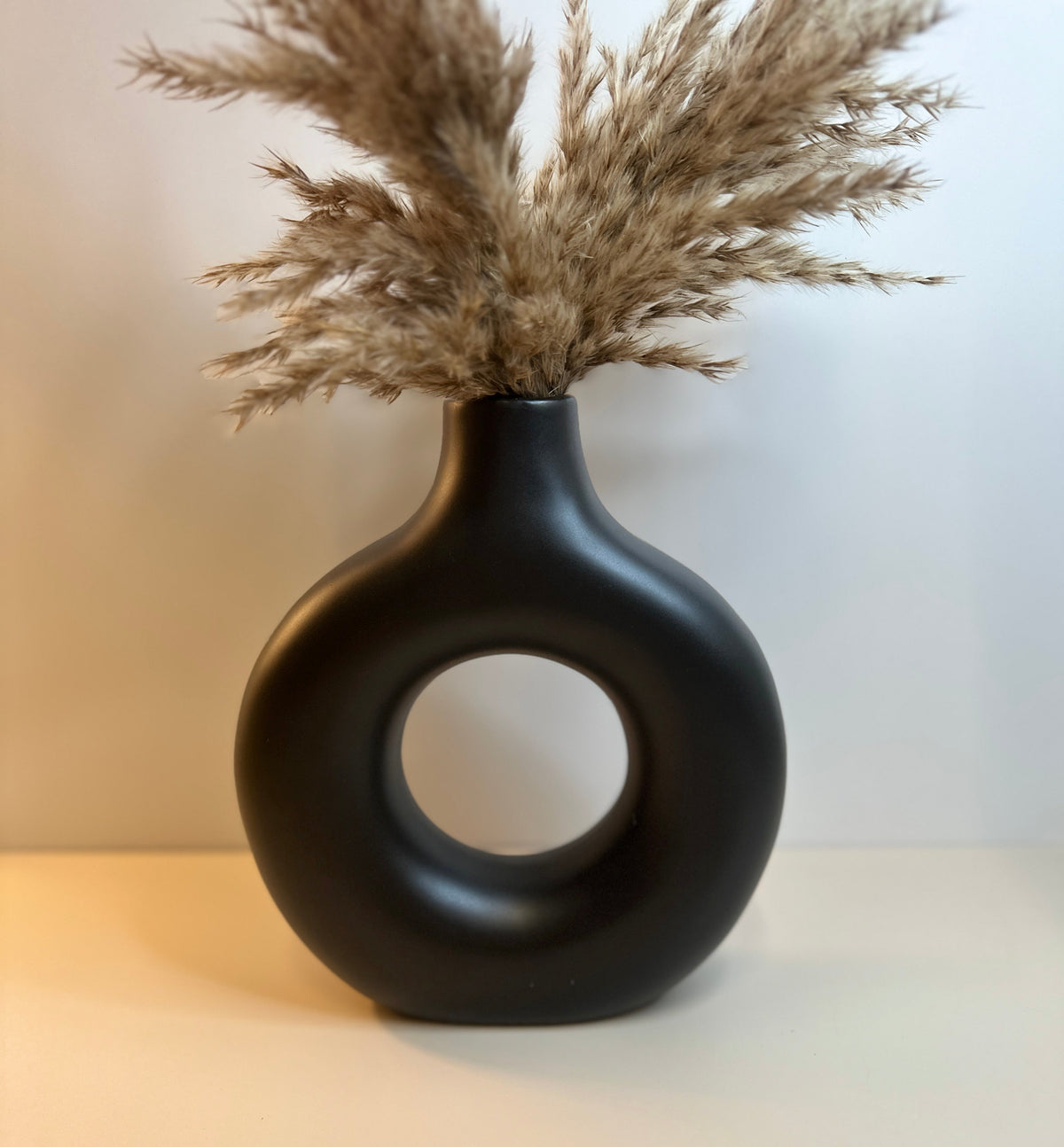 Traditional Chinese Ceramic Vase, Black Matte Donut Shape Minimalist Design 9" tall