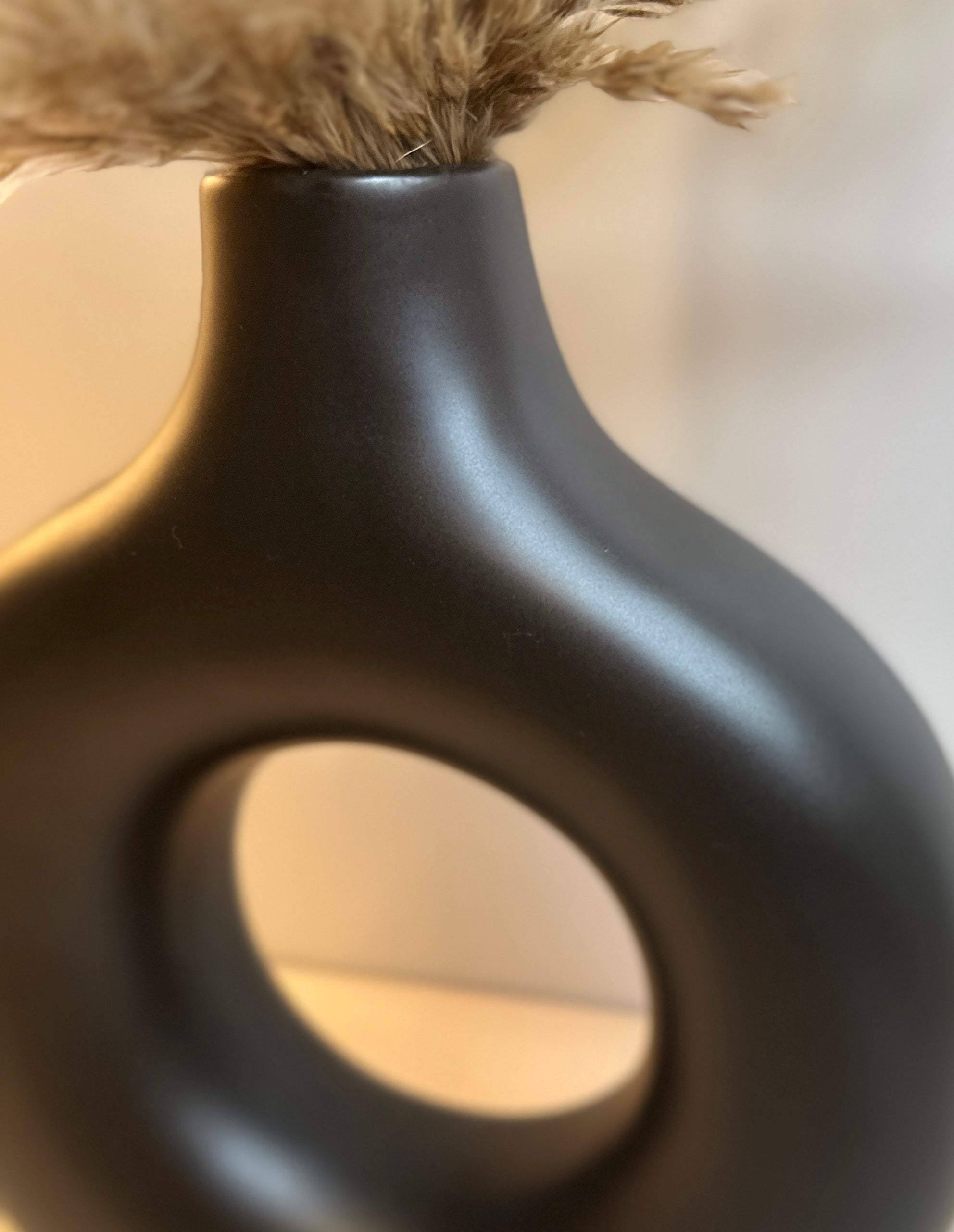 Traditional Chinese Ceramic Vase, Black Matte Donut Shape Minimalist Design 9" tall