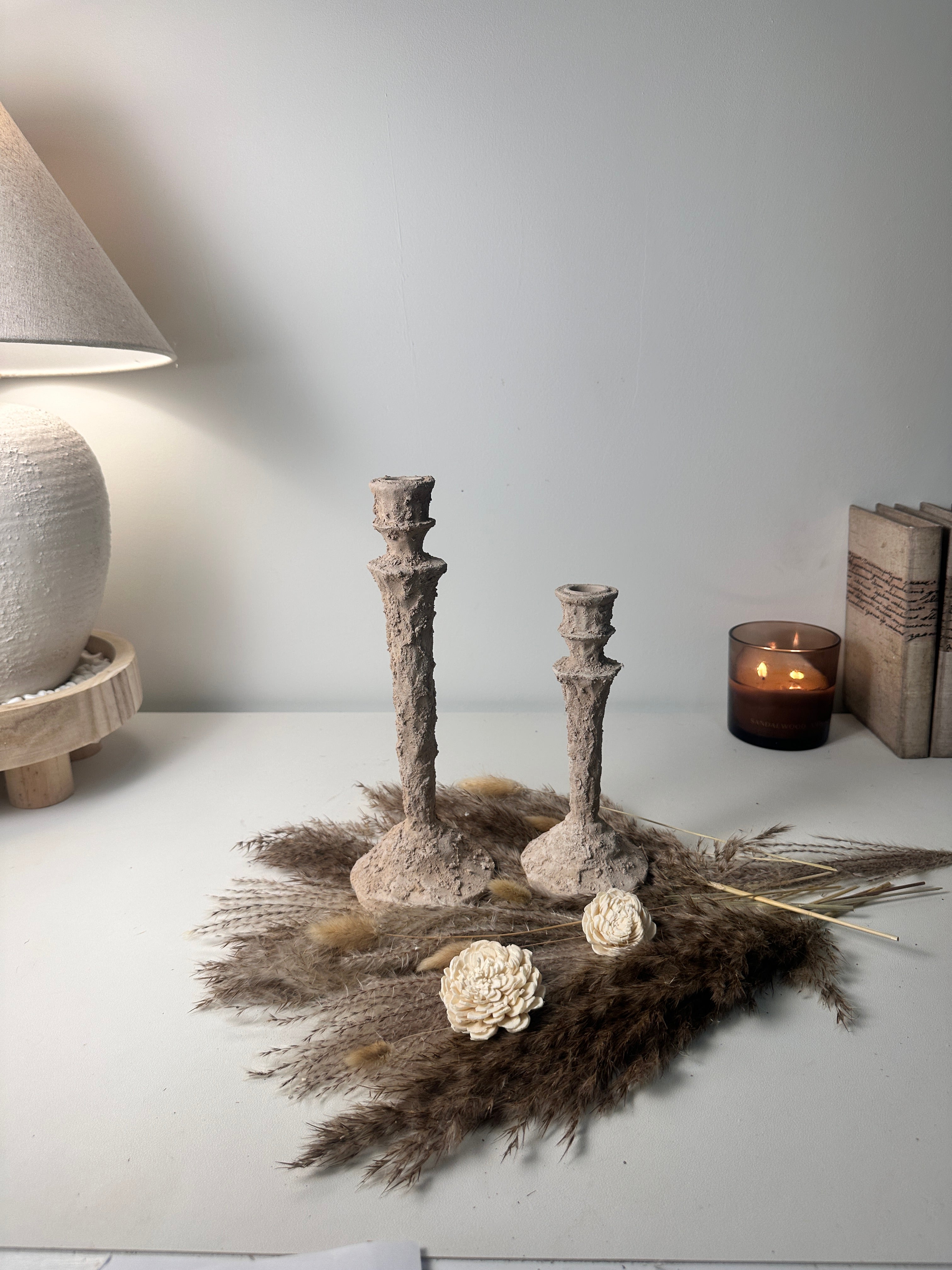 Set of 2 candlestick holders hand-painted and textured minimalist rustic style 12" tall and 10" tall - Beige
