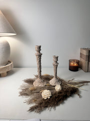 Set of 2 candlestick holders hand-painted and textured minimalist rustic style 12" tall and 10" tall - Beige