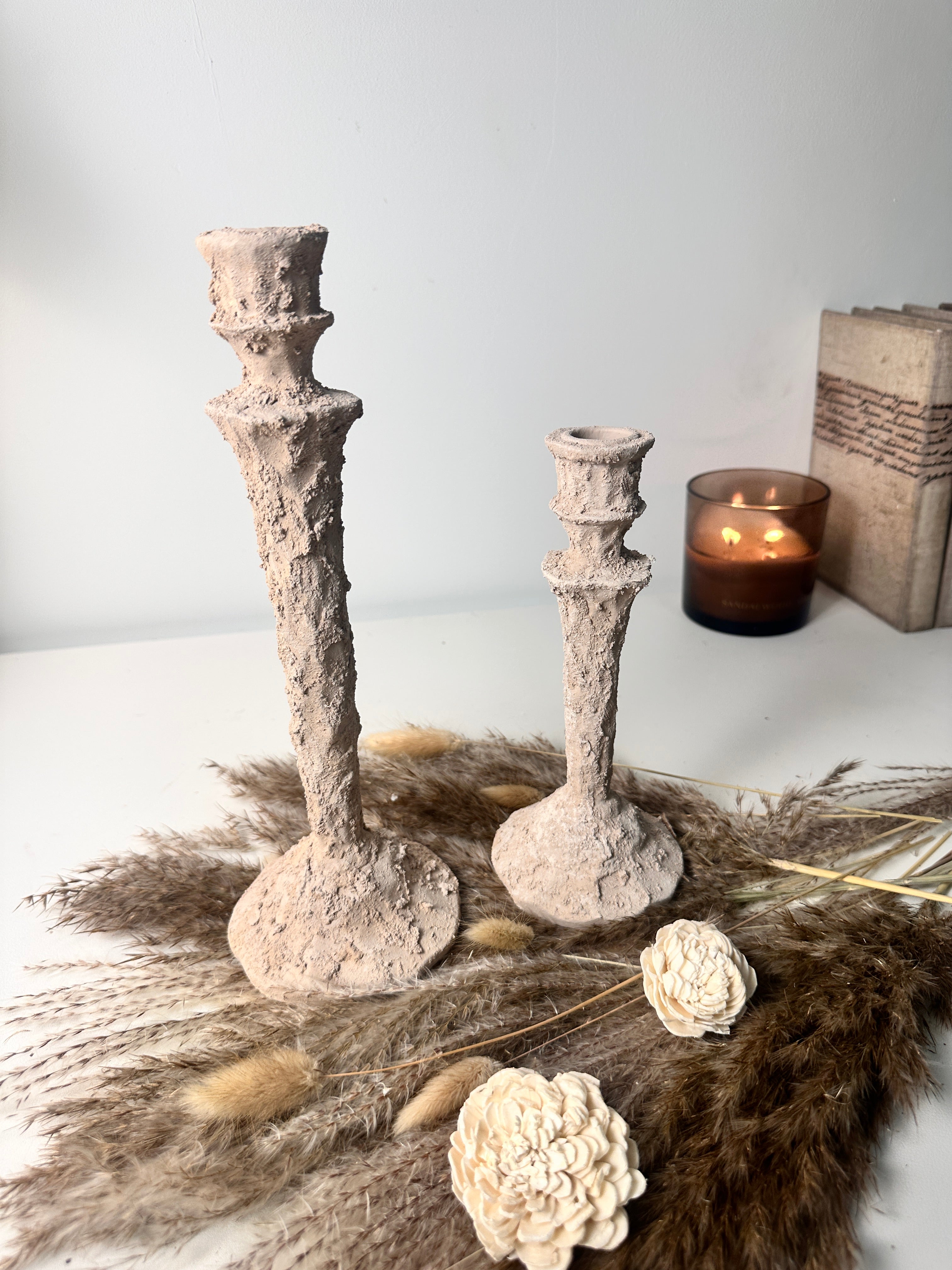 Set of 2 candlestick holders hand-painted and textured minimalist rustic style 12" tall and 10" tall - Beige