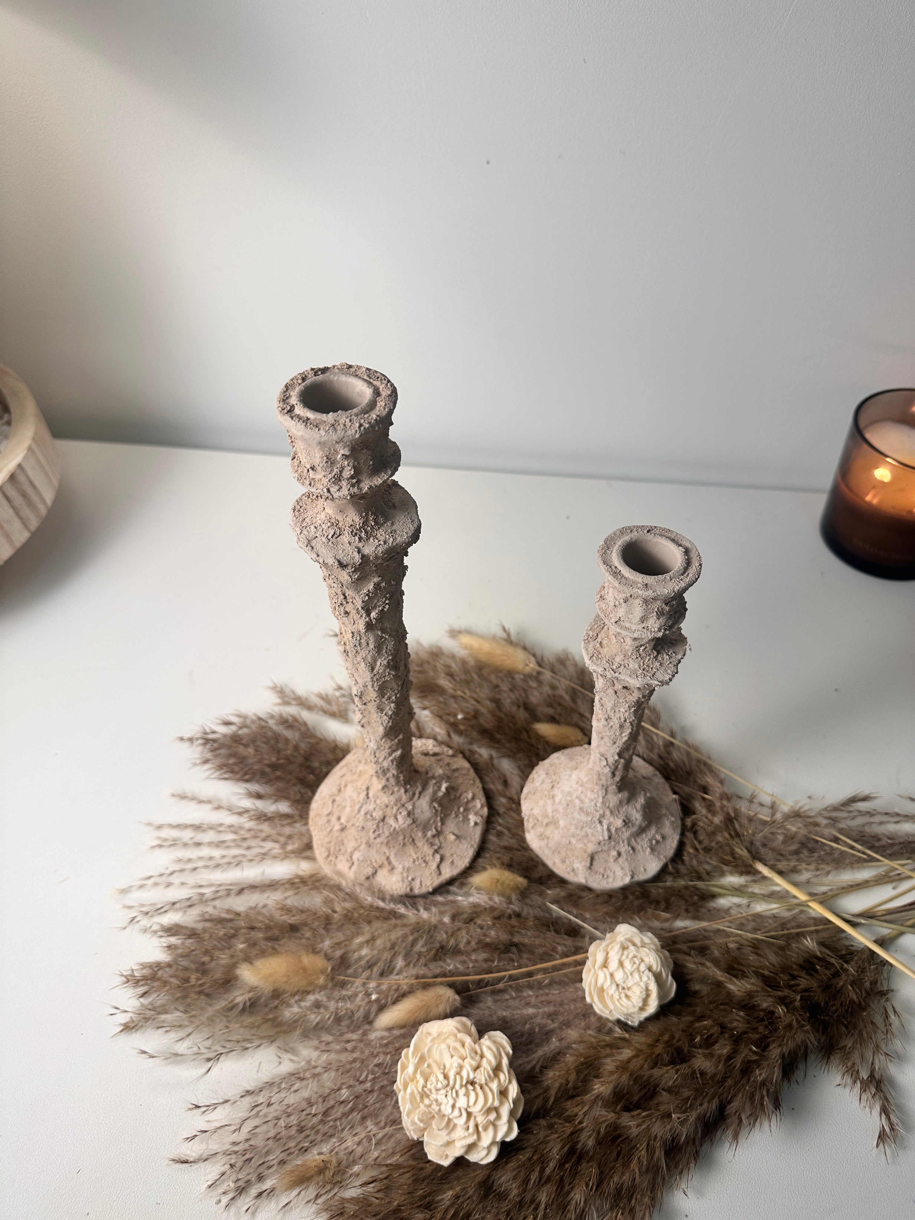 Set of 2 candlestick holders hand-painted and textured minimalist rustic style 12" tall and 10" tall - Beige