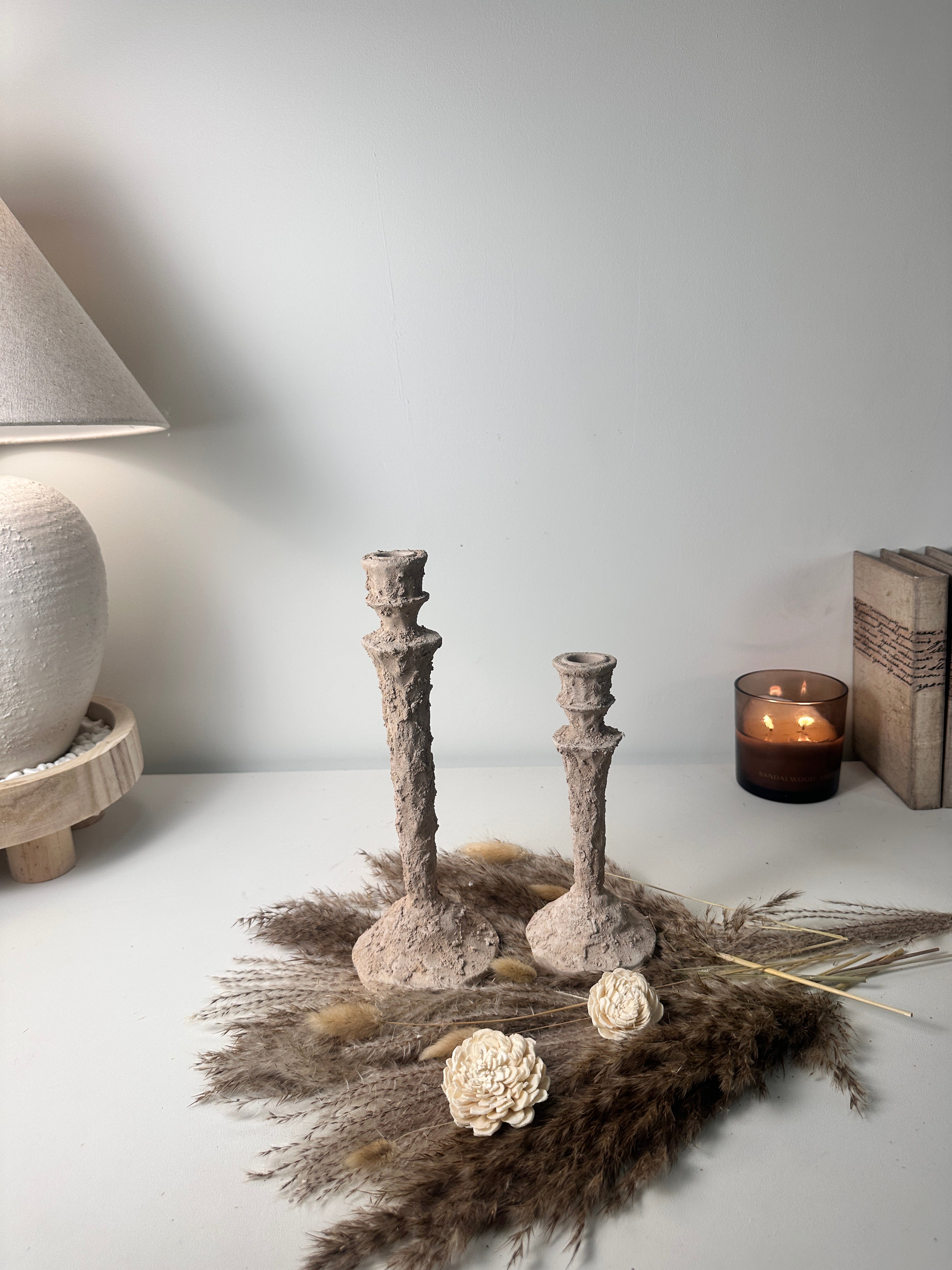 Set of 2 candlestick holders hand-painted and textured minimalist rustic style 12" tall and 10" tall - Beige