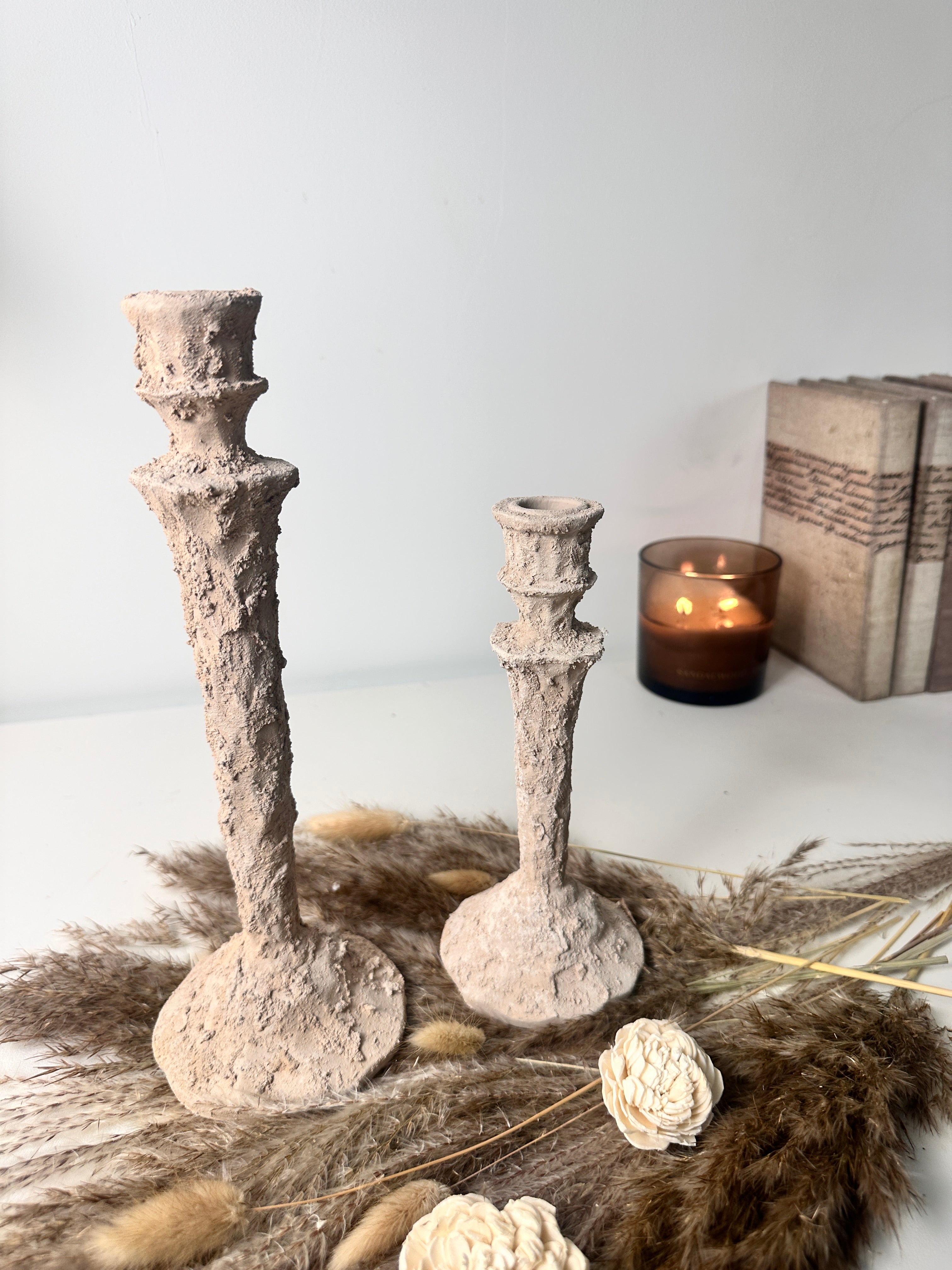 Set of 2 candlestick holders hand-painted and textured minimalist rustic style 12" tall and 10" tall - Beige