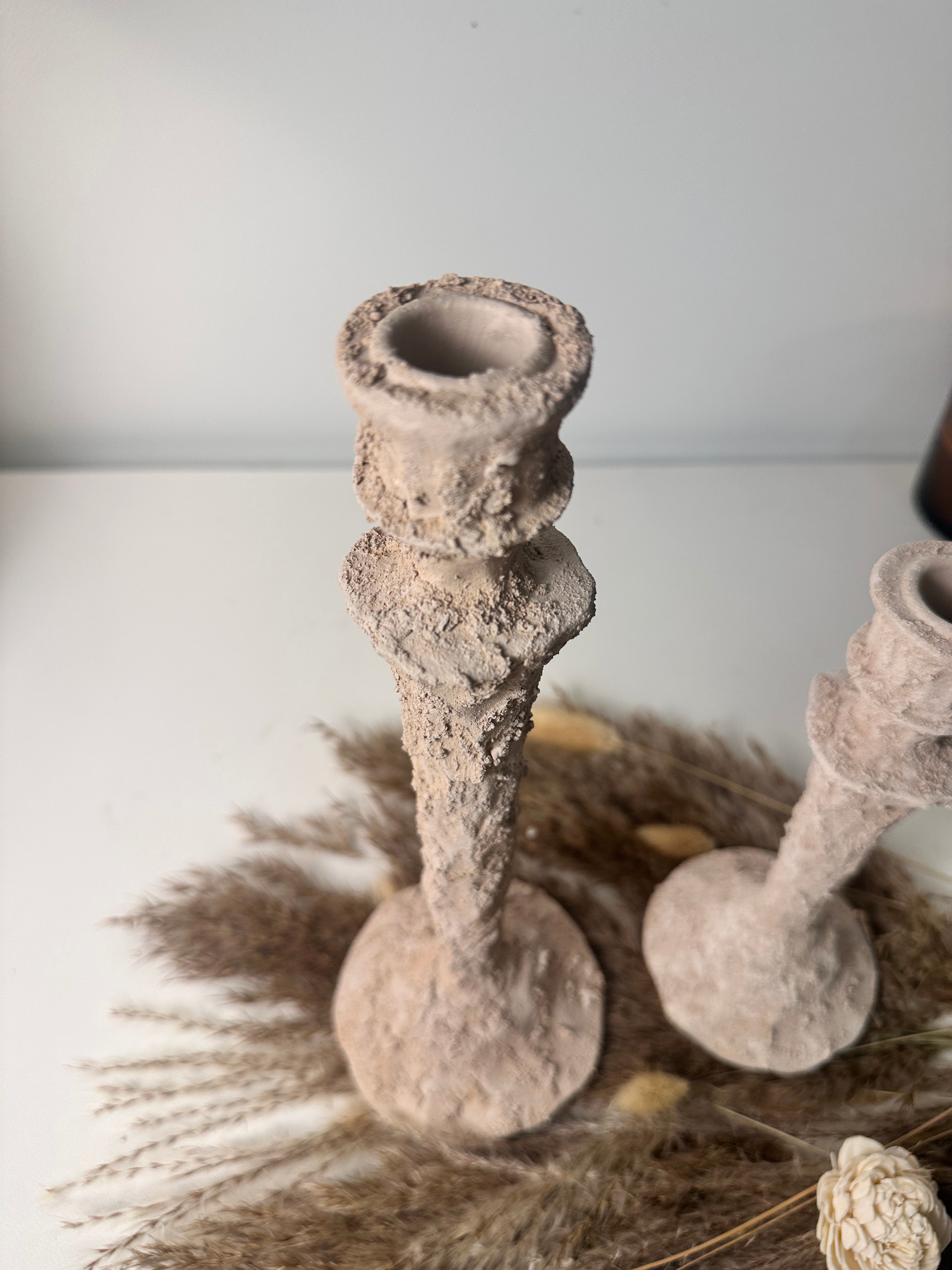 Set of 2 candlestick holders hand-painted and textured minimalist rustic style 12" tall and 10" tall - Beige