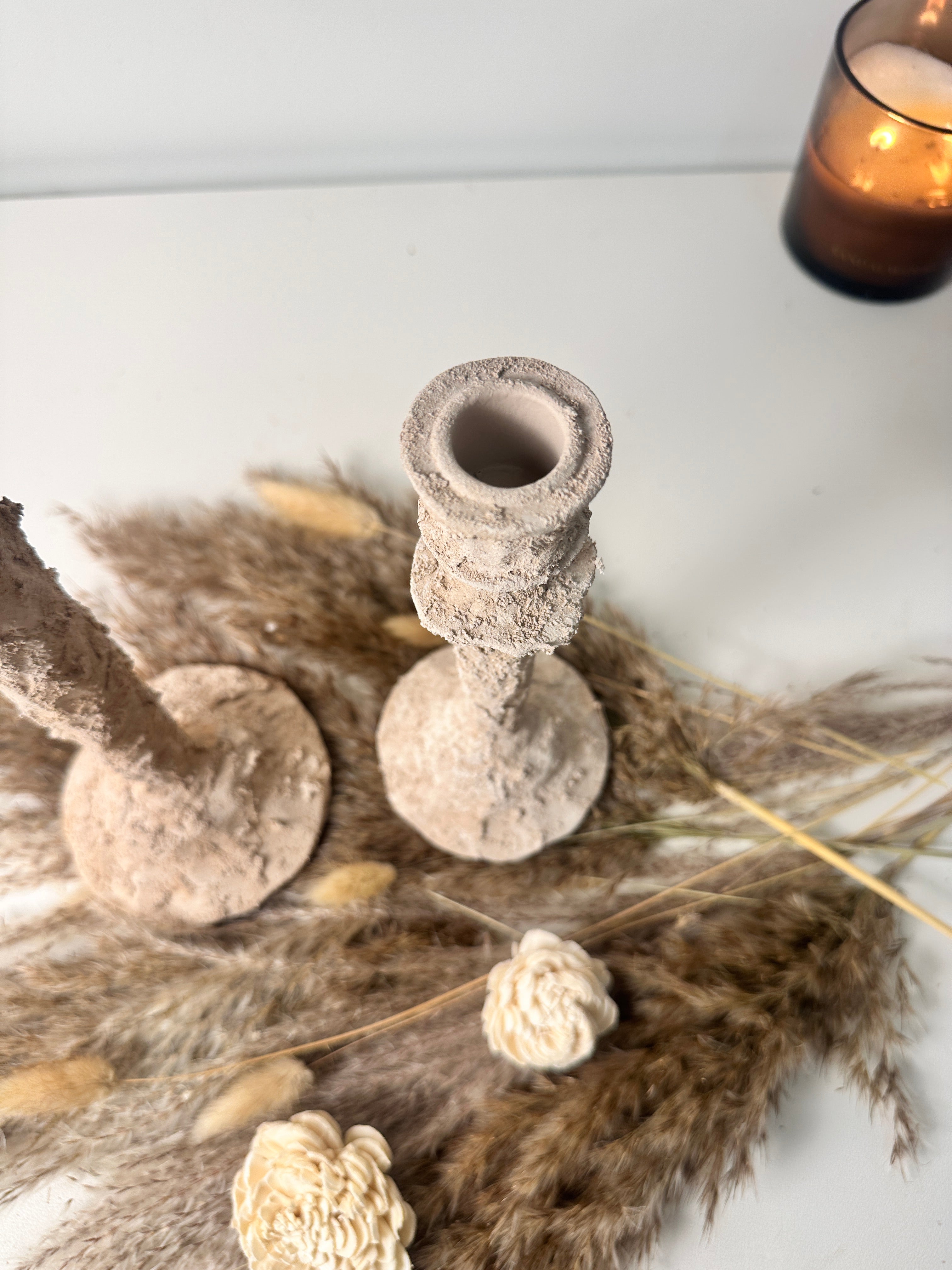 Set of 2 candlestick holders hand-painted and textured minimalist rustic style 12" tall and 10" tall - Beige
