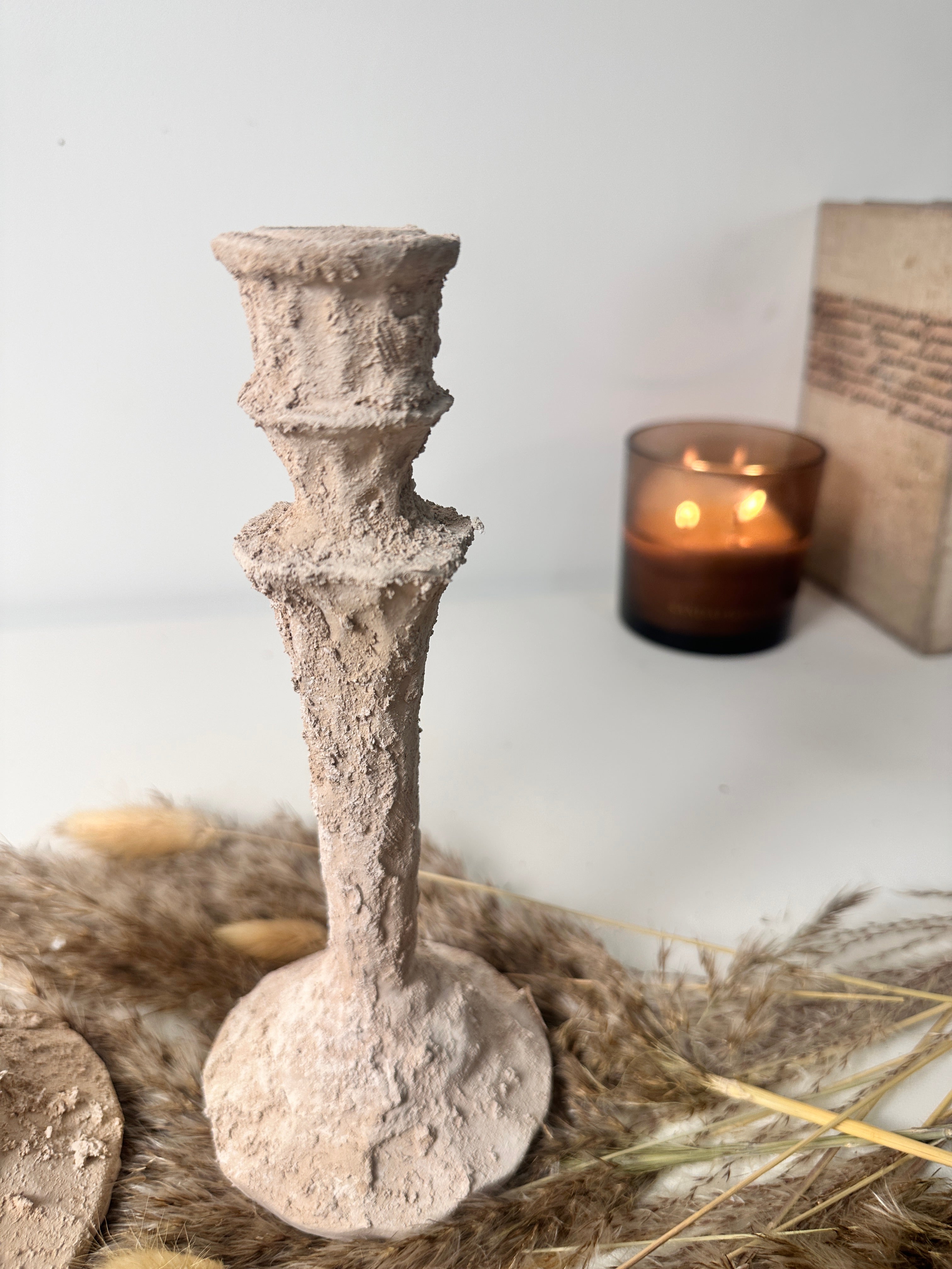 Set of 2 candlestick holders hand-painted and textured minimalist rustic style 12" tall and 10" tall - Beige