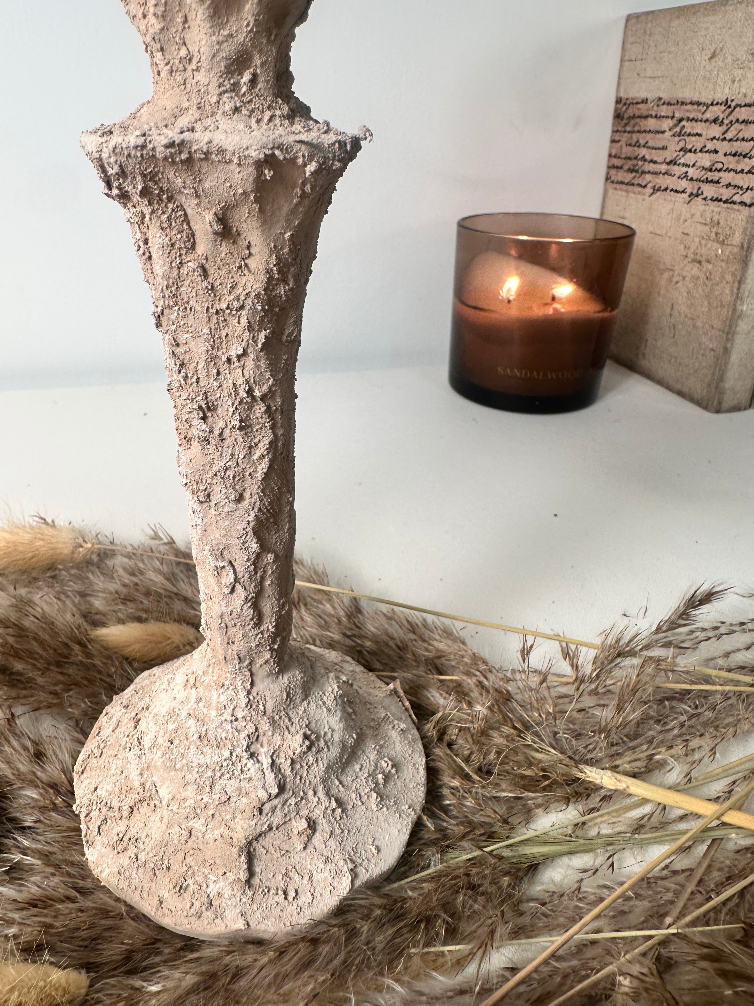 Set of 2 candlestick holders hand-painted and textured minimalist rustic style 12" tall and 10" tall - Beige