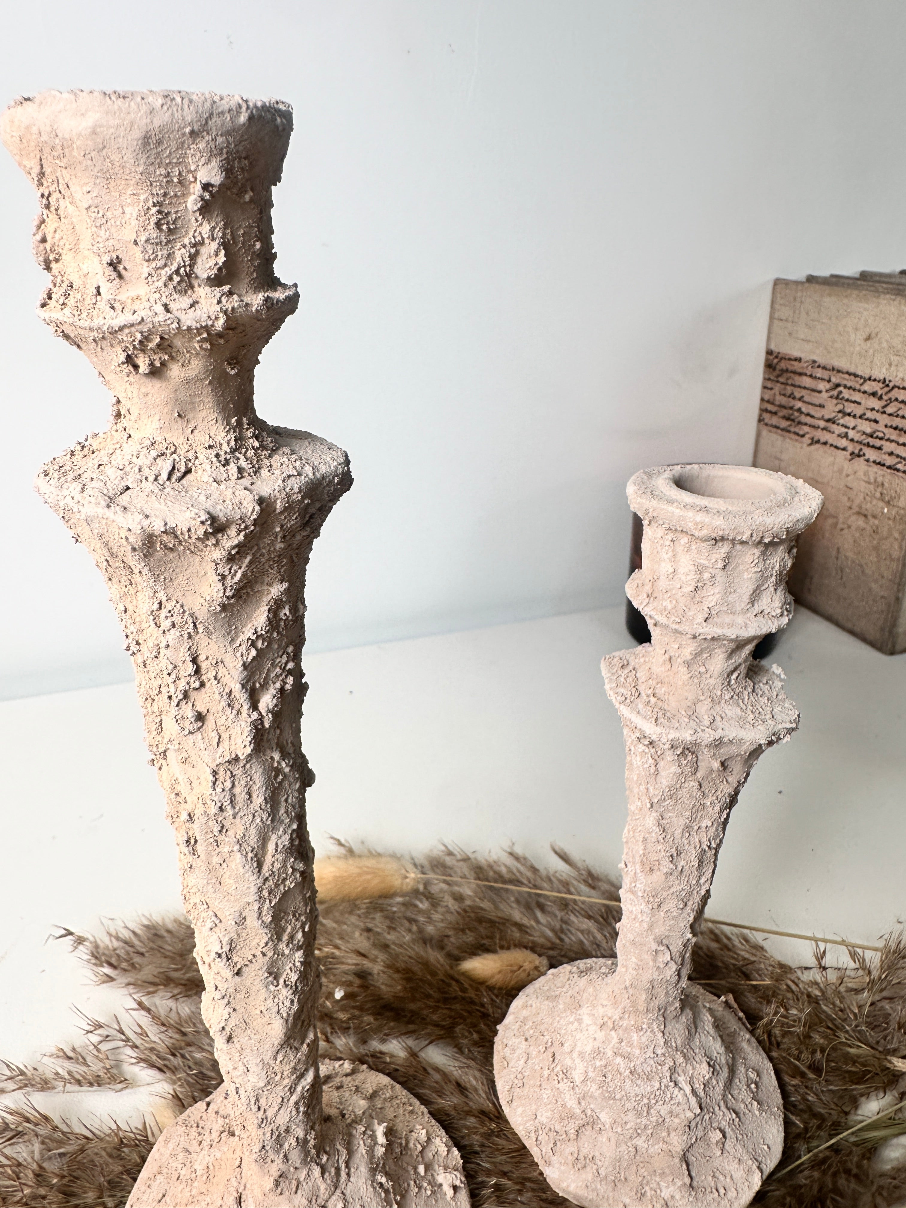 Set of 2 candlestick holders hand-painted and textured minimalist rustic style 12" tall and 10" tall - Beige