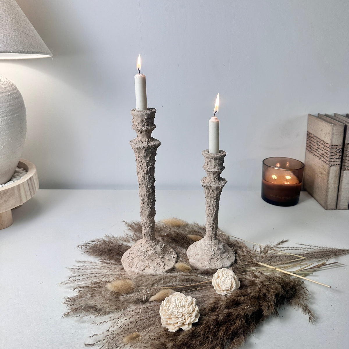 Set of 2 candlestick holders hand-painted and textured minimalist rustic style 12" tall and 10" tall - Beige