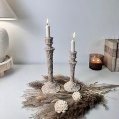 Set of 2 candlestick holders hand-painted and textured minimalist rustic style 12" tall and 10" tall - Beige
