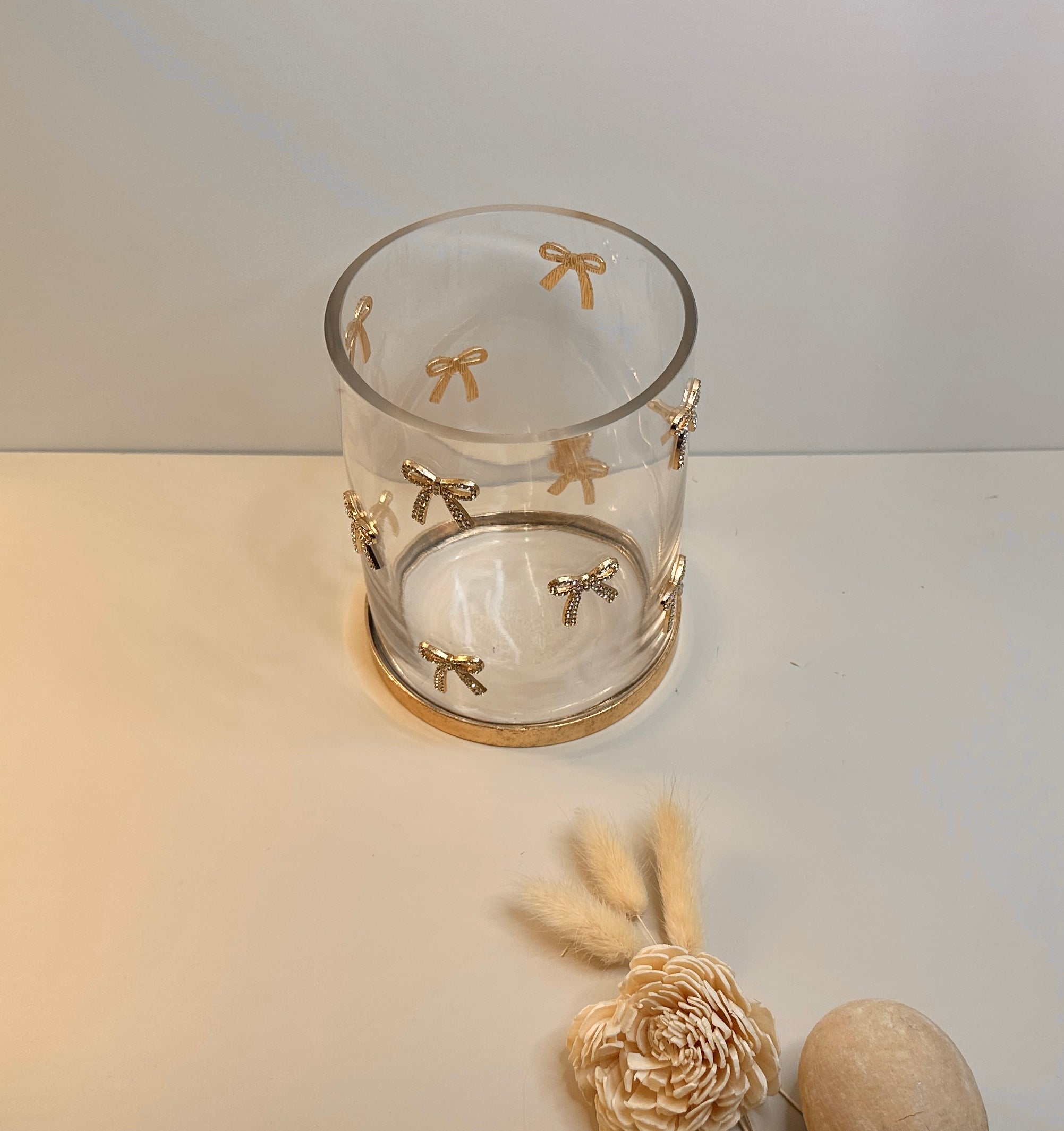 Decorative Glass Hurricane Candle Holder with Gold and Rhinestones Bow Pattern, Clear Cylinder with Metallic Base, 6" tall