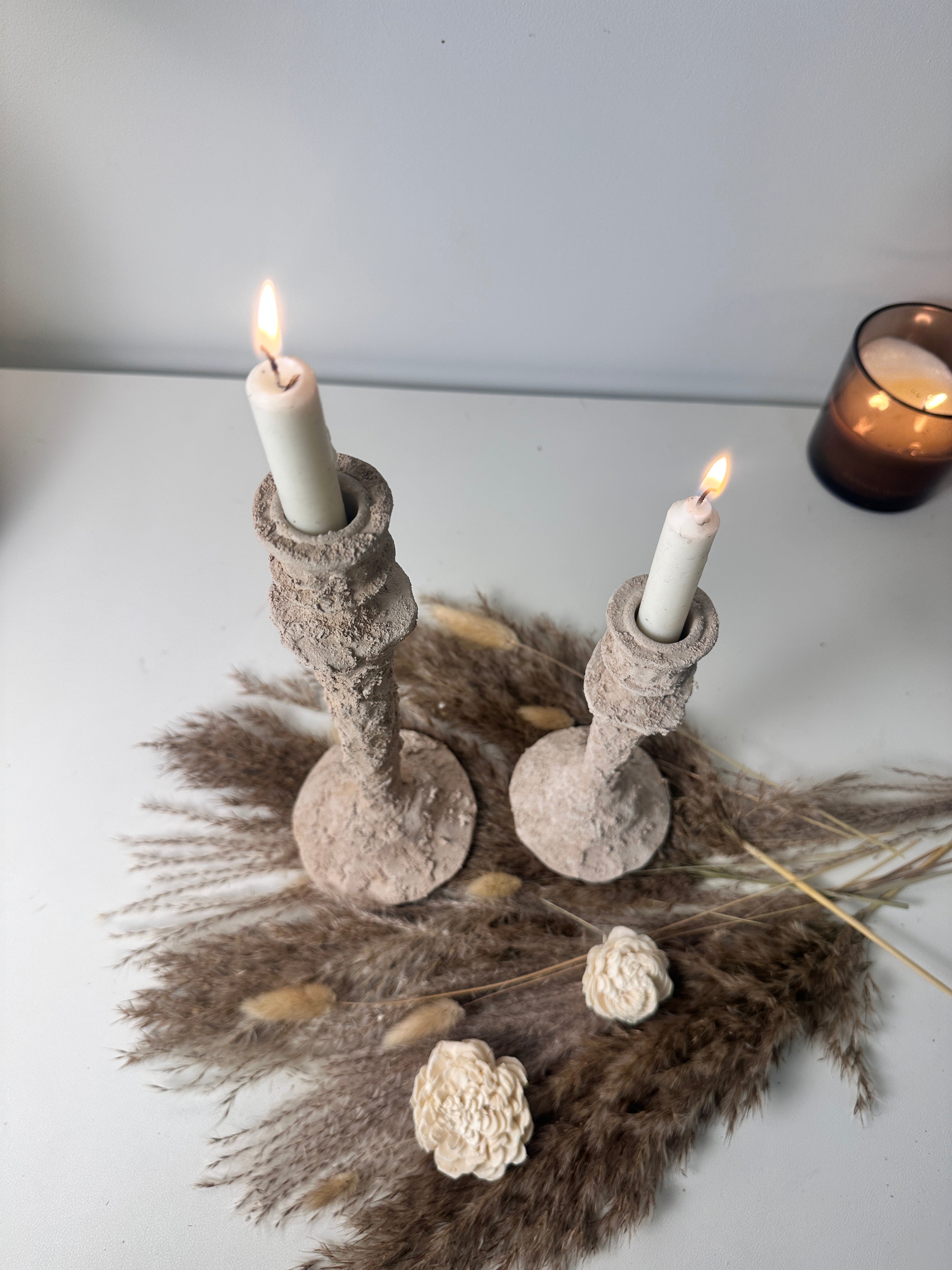 Set of 2 candlestick holders hand-painted and textured minimalist rustic style 12" tall and 10" tall - Beige