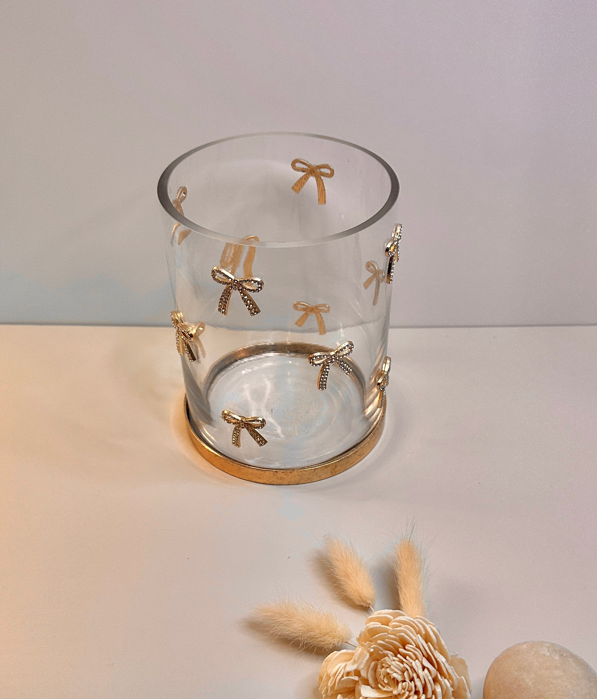 Decorative Glass Hurricane Candle Holder with Gold and Rhinestones Bow Pattern, Clear Cylinder with Metallic Base, 6" tall
