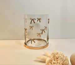 Decorative Glass Hurricane Candle Holder with Gold and Rhinestones Bow Pattern, Clear Cylinder with Metallic Base, 6" tall