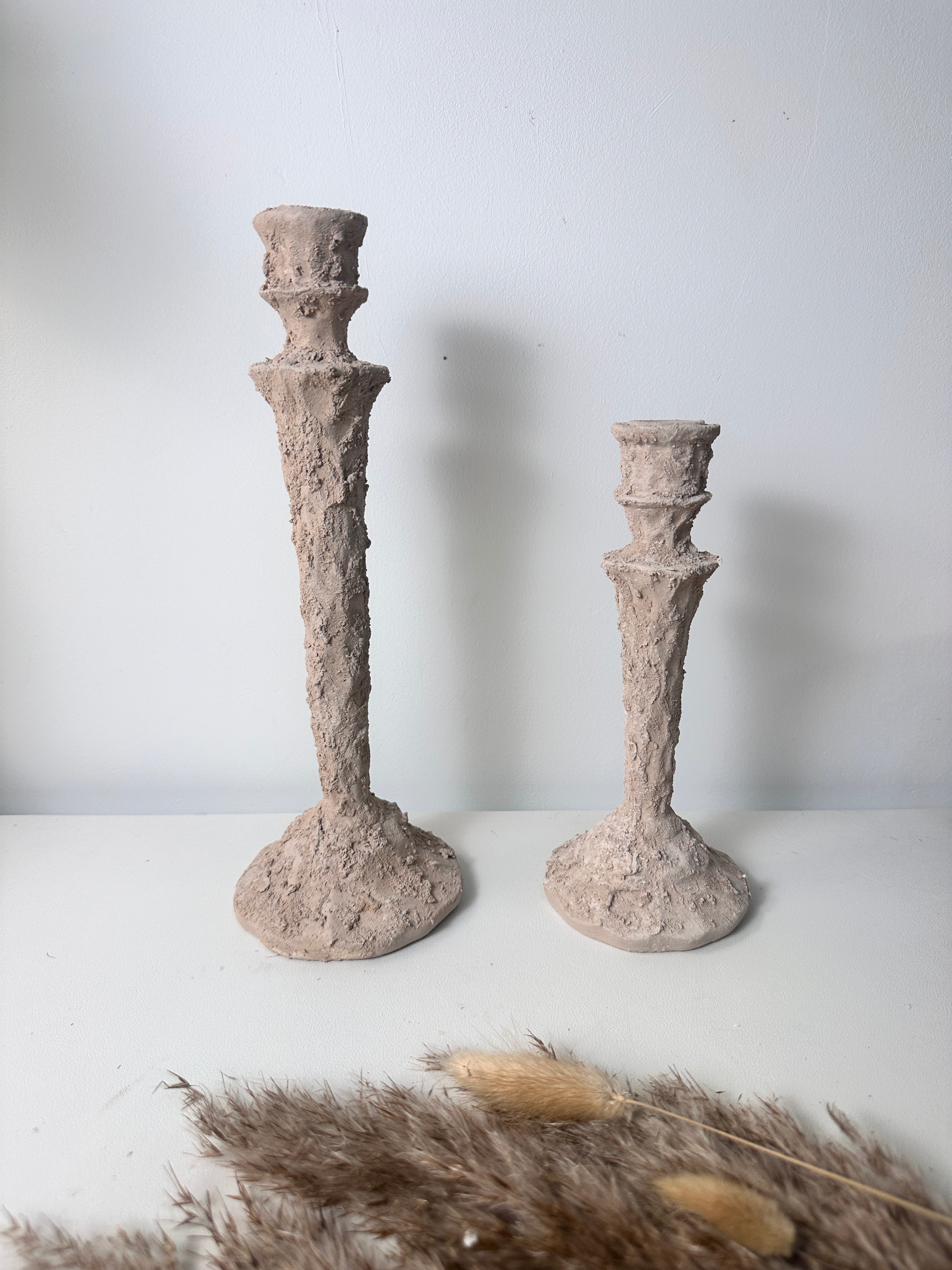 Set of 2 candlestick holders hand-painted and textured minimalist rustic style 12" tall and 10" tall - Beige