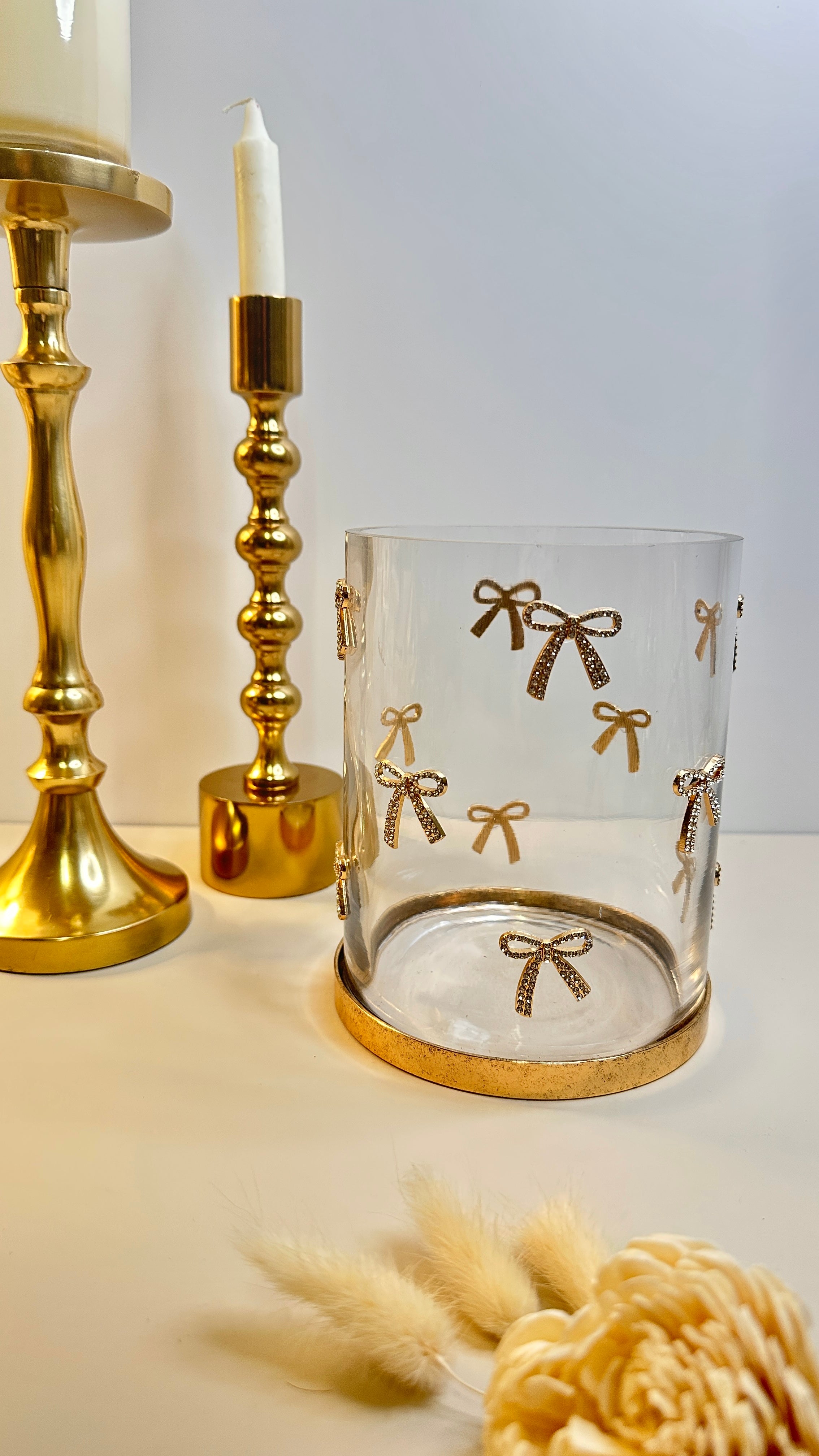 Decorative Glass Hurricane Candle Holder with Gold and Rhinestones Bow Pattern, Clear Cylinder with Metallic Base, 6" tall